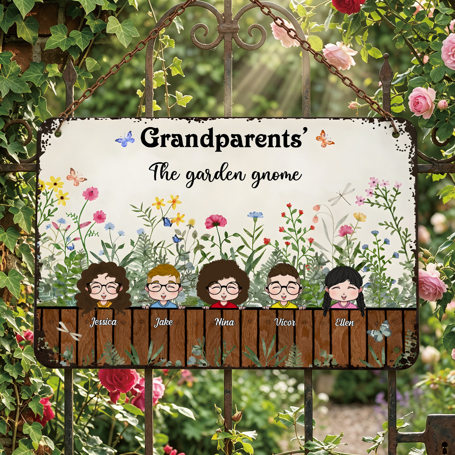 Personalised Grandparents’ Floral Garden Metal Sign Customised with 1–9 Children’s Names