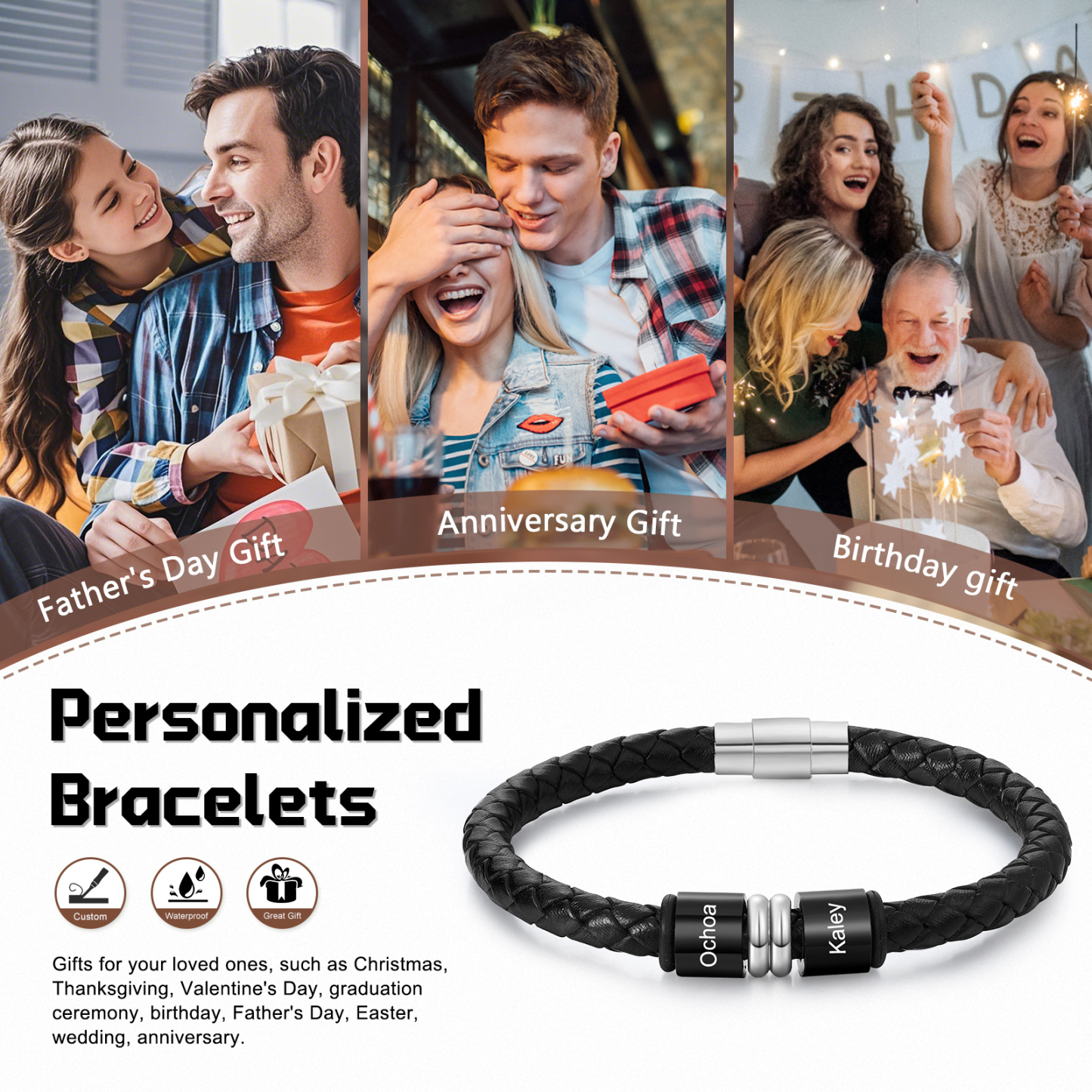 Personalised Bracelet 2-4 Names and Beads Leather Bracelet Gift for Men | Jessemade