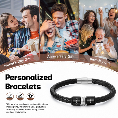 Personalised Bracelet 2-4 Names and Beads Leather Bracelet Gift for Men | Jessemade