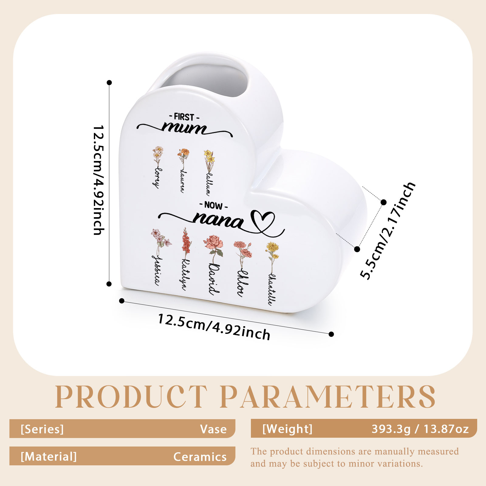 Personalised Ceramic Heart Vase with 2–12 Birth Flowers and Names