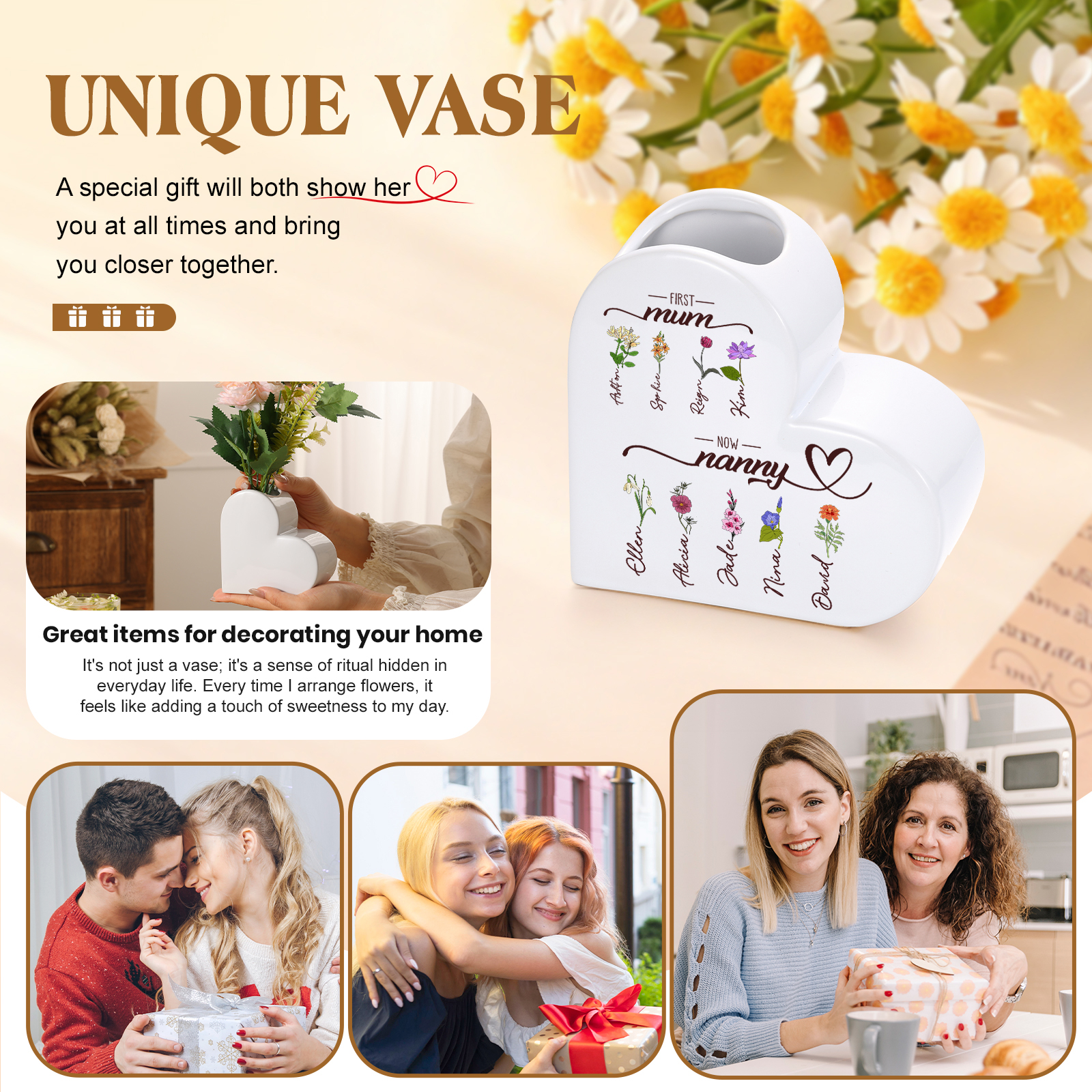 Personalised heart-shaped Ceramic Vase “First Mum, now Grandma”, personalised with 2–10 Birth flowers and Names