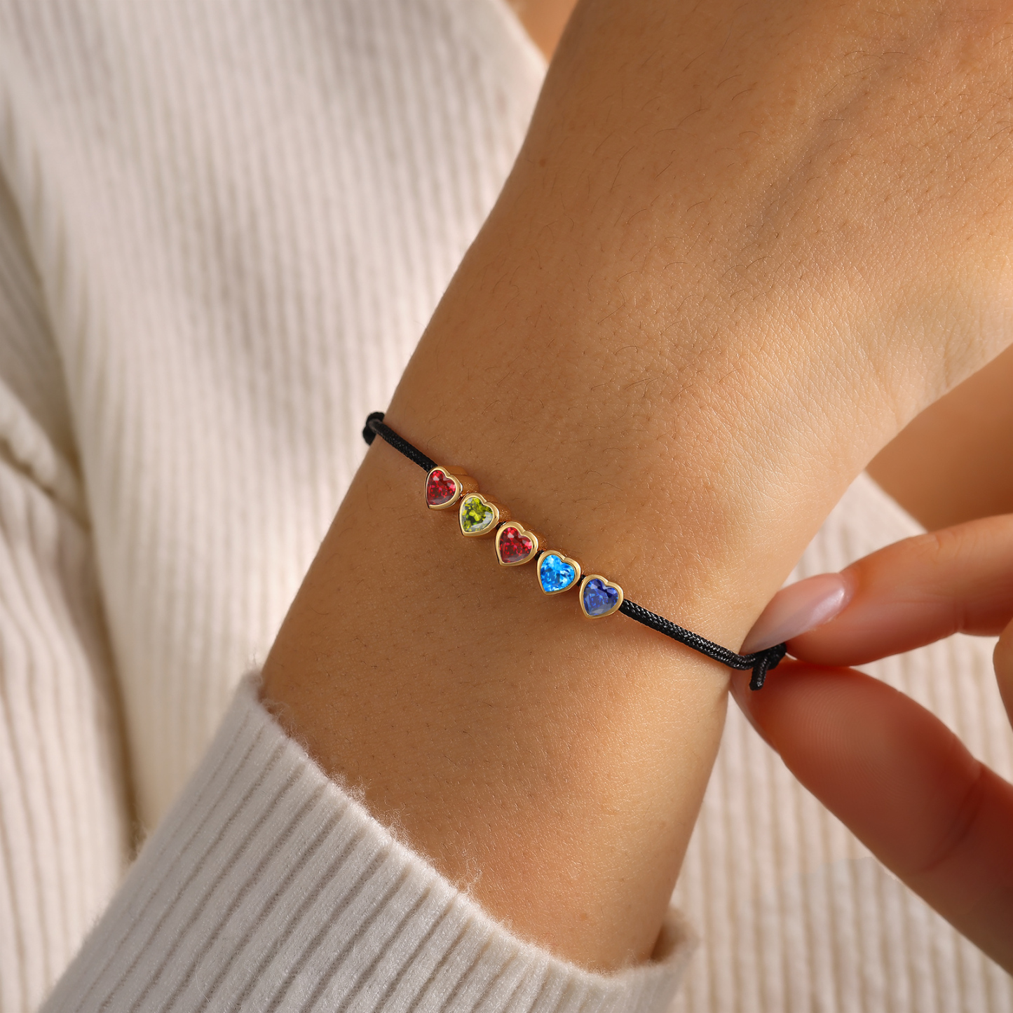 Personalised 2-5 Heart Birthstones Adjustable Rope Bracelet