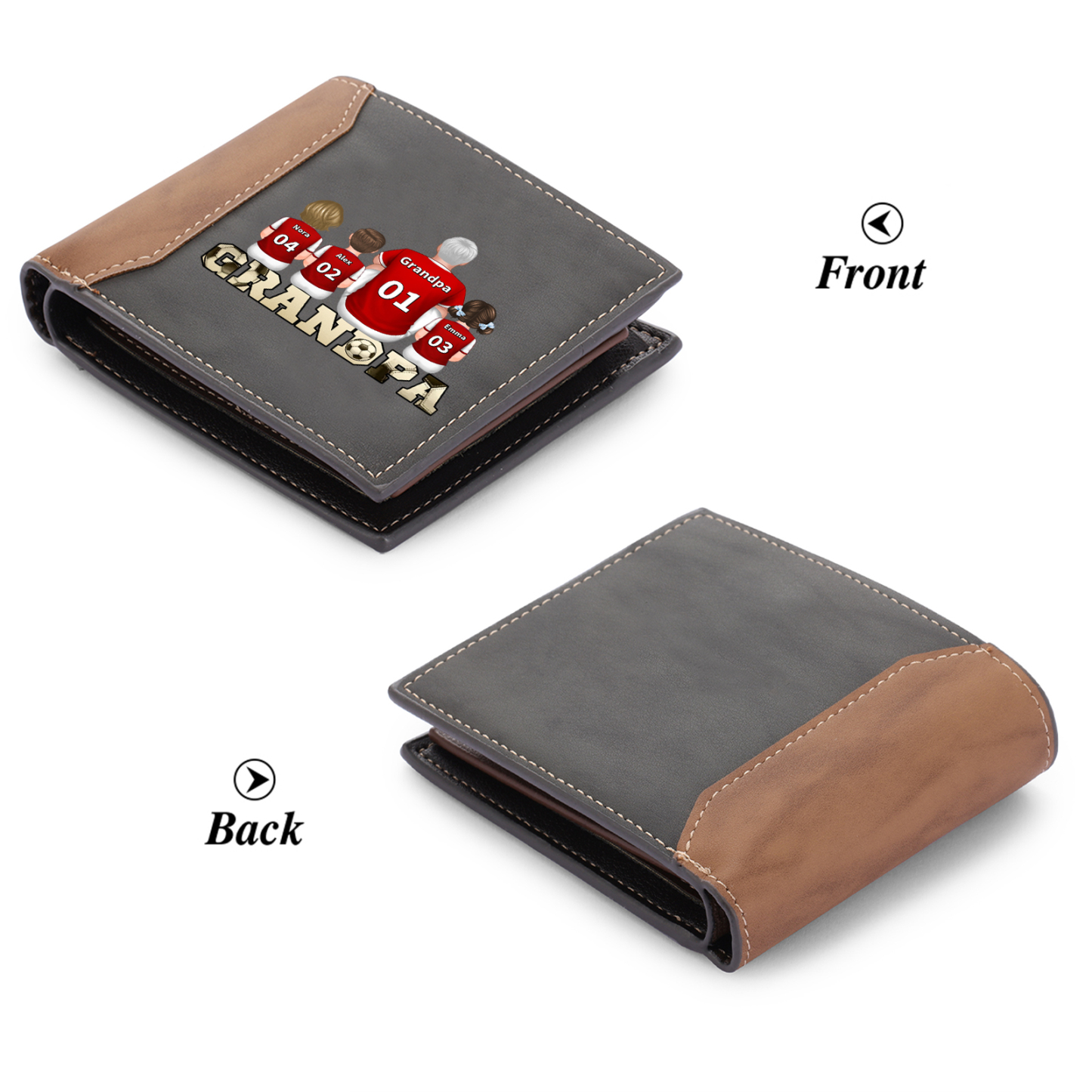 Personalised Leather Wallet with 2-5 Names Wallet with football family design Gift for Grandpa | Lorajewel