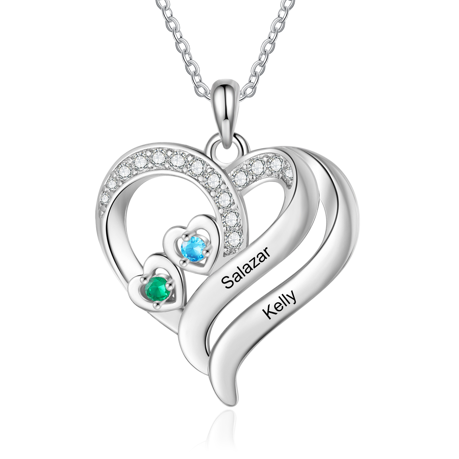 Personalised 2-4 Names Heart Birthstone Women Necklace