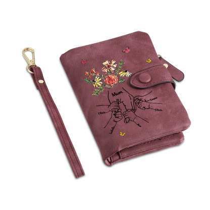 Personalised Wallet with flowers and a hand-in-hand design, with 3 to 6 names – for Mum/Grandma