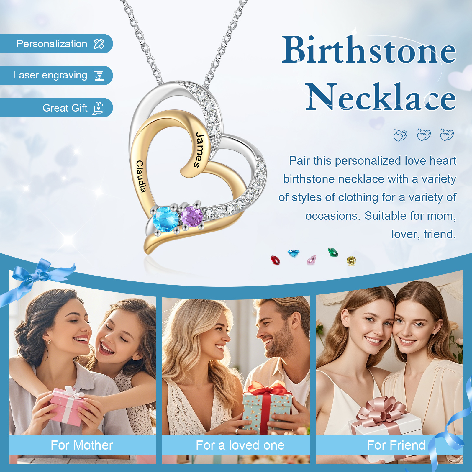 Personalised Double Heart Birthstone Necklace