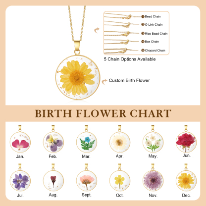 Personalised Gold Botanical Birth Flower Resin Pendant Necklace