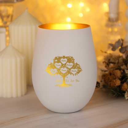 Personalised glass candle holder with family tree, customised with up to 10 first names, a practical decorative accessory and a gift for Mum for her birthday, Mother’s Day or Christmas | Jessemade