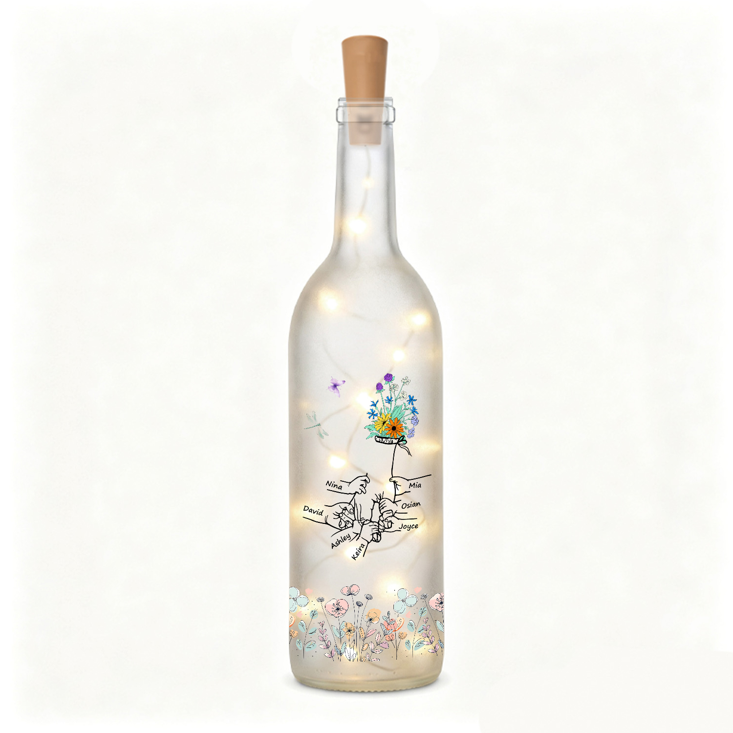 Personalized LED Bottle Light with 2-12 Custom Family Names and Floral Family Hands Design for Mum