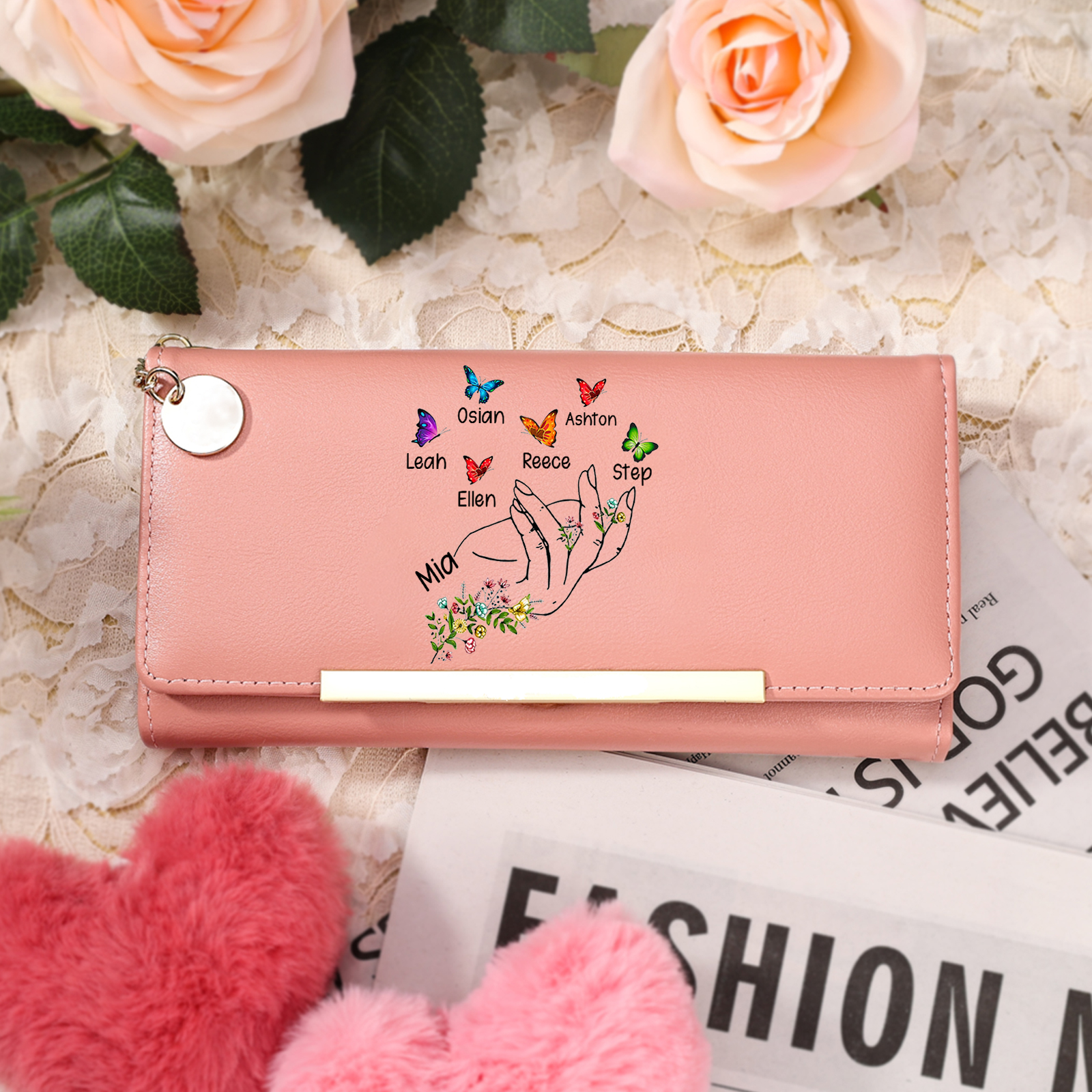 Personalised women’s wallet with floral and butterfly motif, designed with 2 to 8 first names