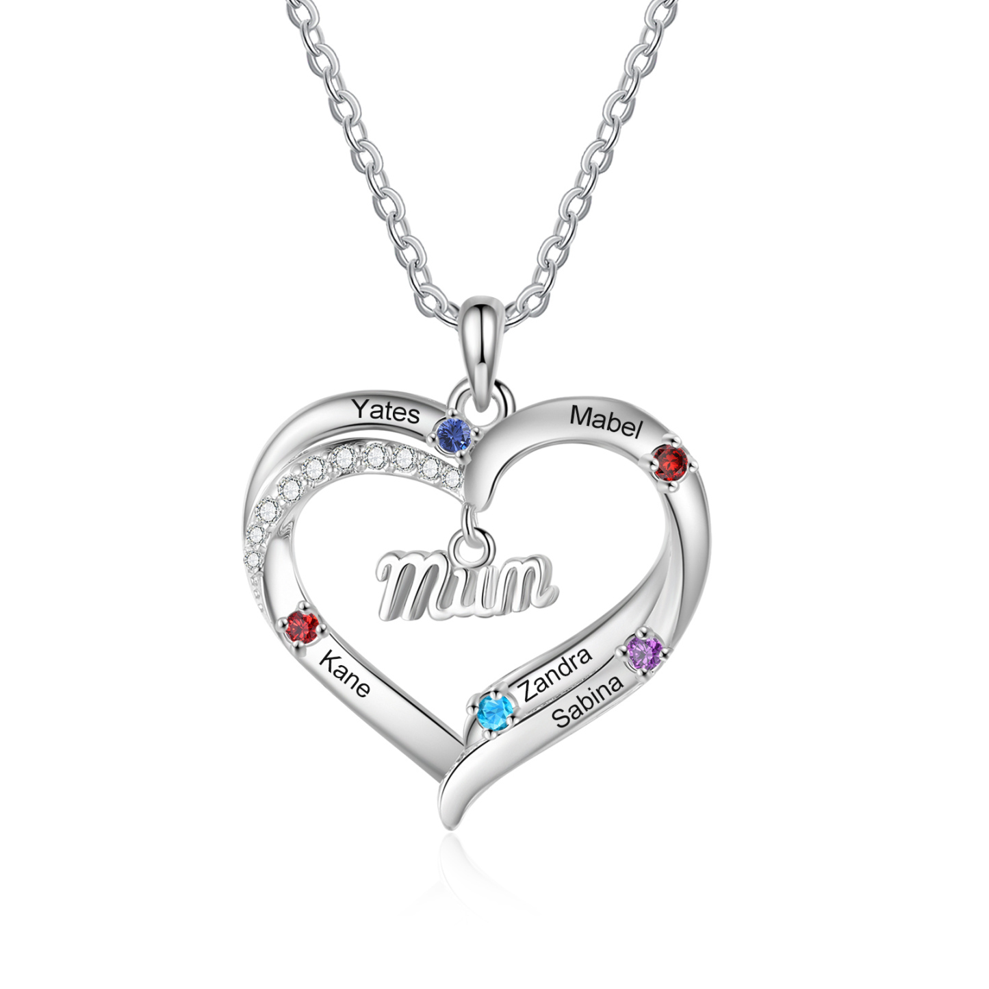 Personalised 2-5 Names Mum Nan Heart Necklace with Birthstones