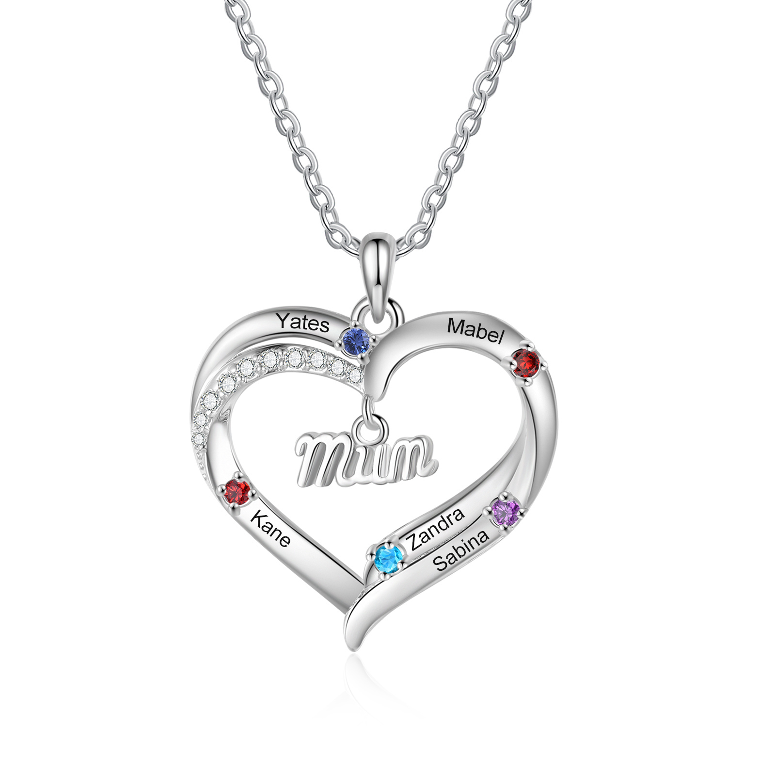 Personalised 2-5 Names Mum Nan Heart Necklace with Birthstones