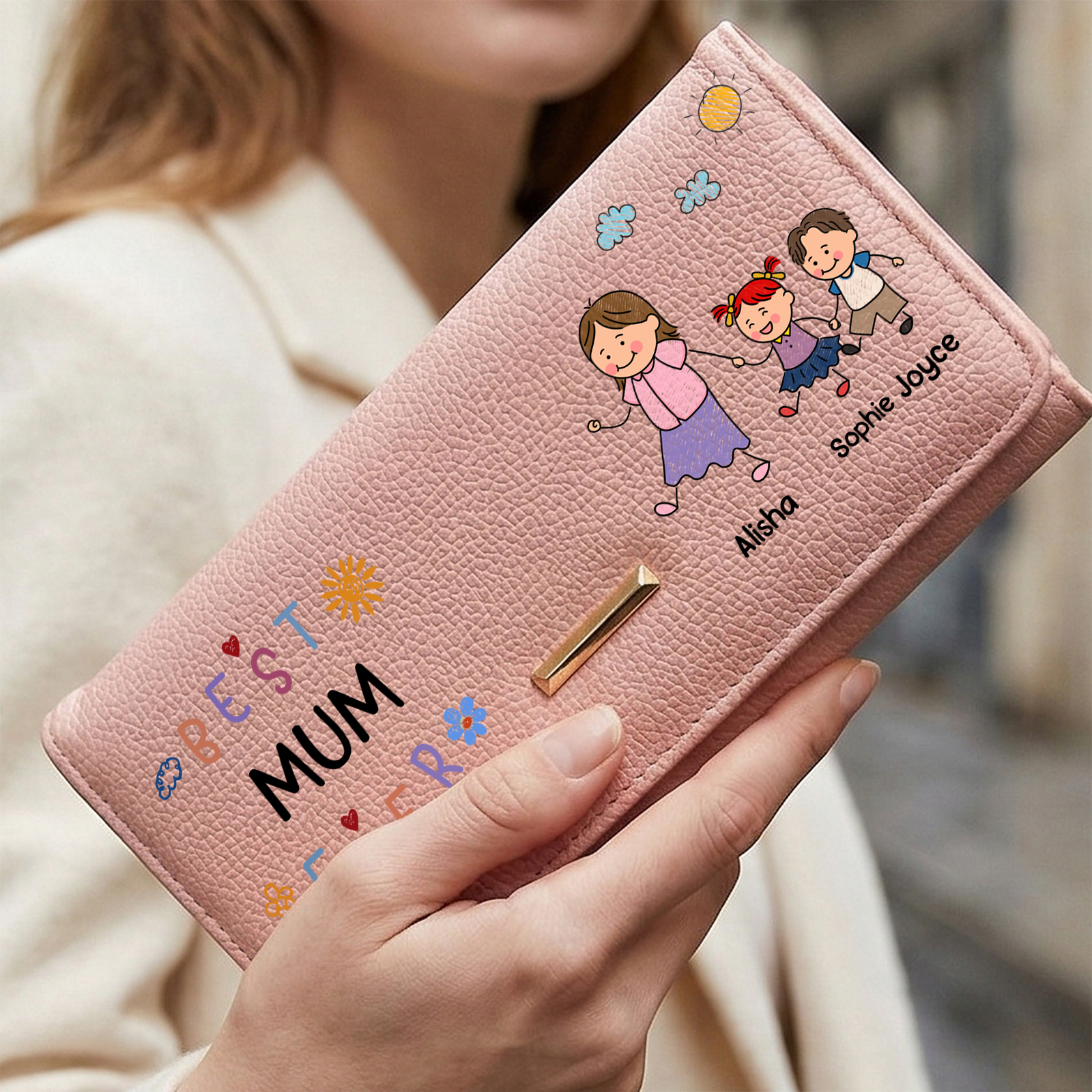 Personalised leather wallet “Best Mum Ever” with family design, customised with 1 to 8 names