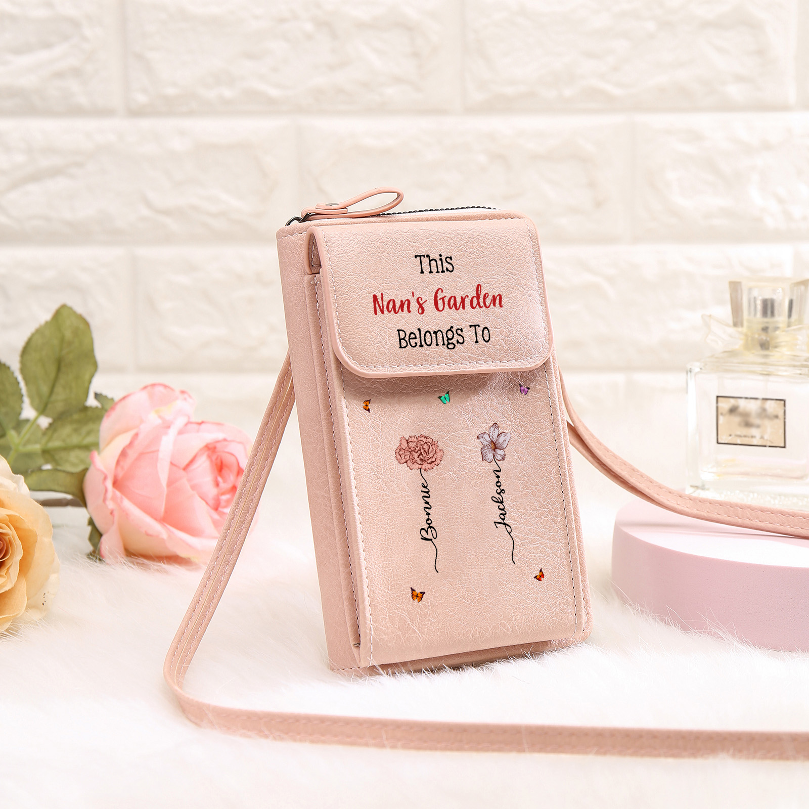Personalised Crossbody Phone Purse Custom 1-6 Names & Birthflower Wallet Birthday Gift for Nan | Jessemade