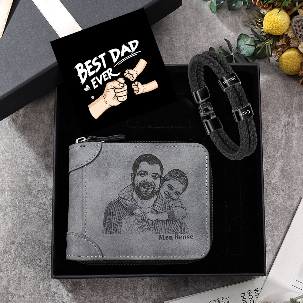2 Names Men Wallet Bracelet Gift Card Gift Set-Personalised Braided Leather Bracelet Father's Day Gift for Him| Jessemade