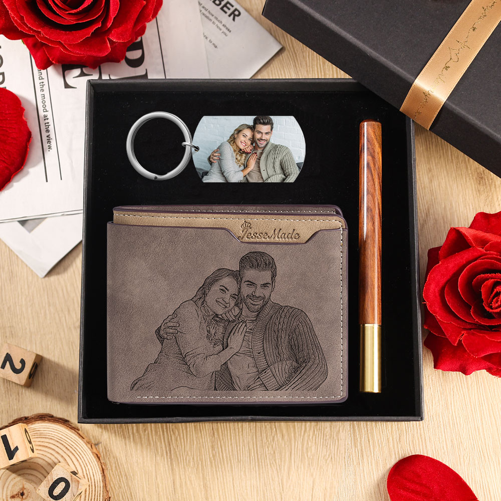 Wallet Gift Set Men Photo Wallet Custom with Name Photo Letter Personalised Photo Keychain Gift for Him