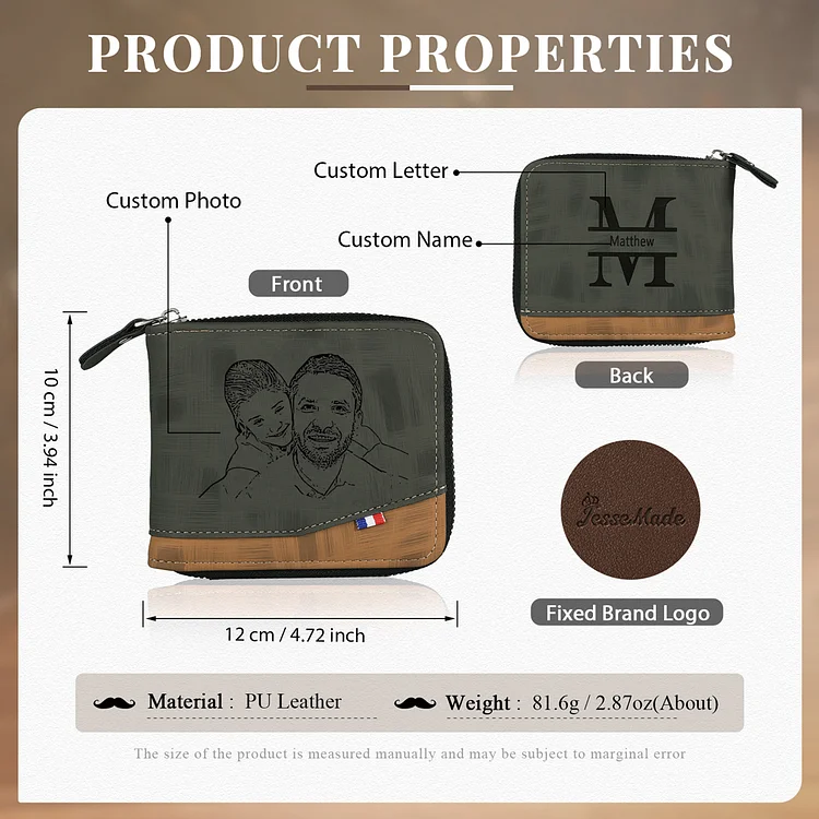 Personalised Photo & Name & Letter Men's Billfold Wallet Monogram Leather Male Wallet Zipper Father's Day Gifts for Dad-Jessemade AU