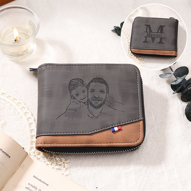 Personalised Photo & Name & Letter Billfold Wallet Monogram Leather Wallet Zipper Wallet Gift for Men