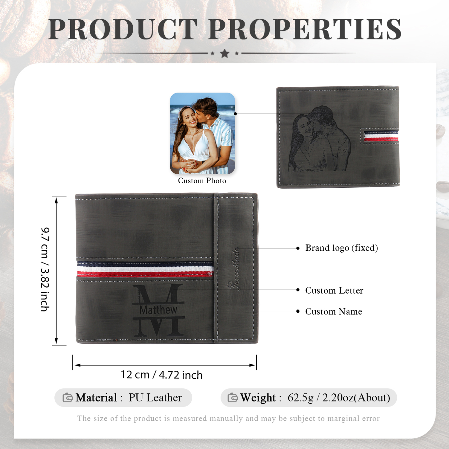 Personalised Men Wallet Customised Photo & Name & Letter Monogram Billfold Leather Wallet Gift for Him