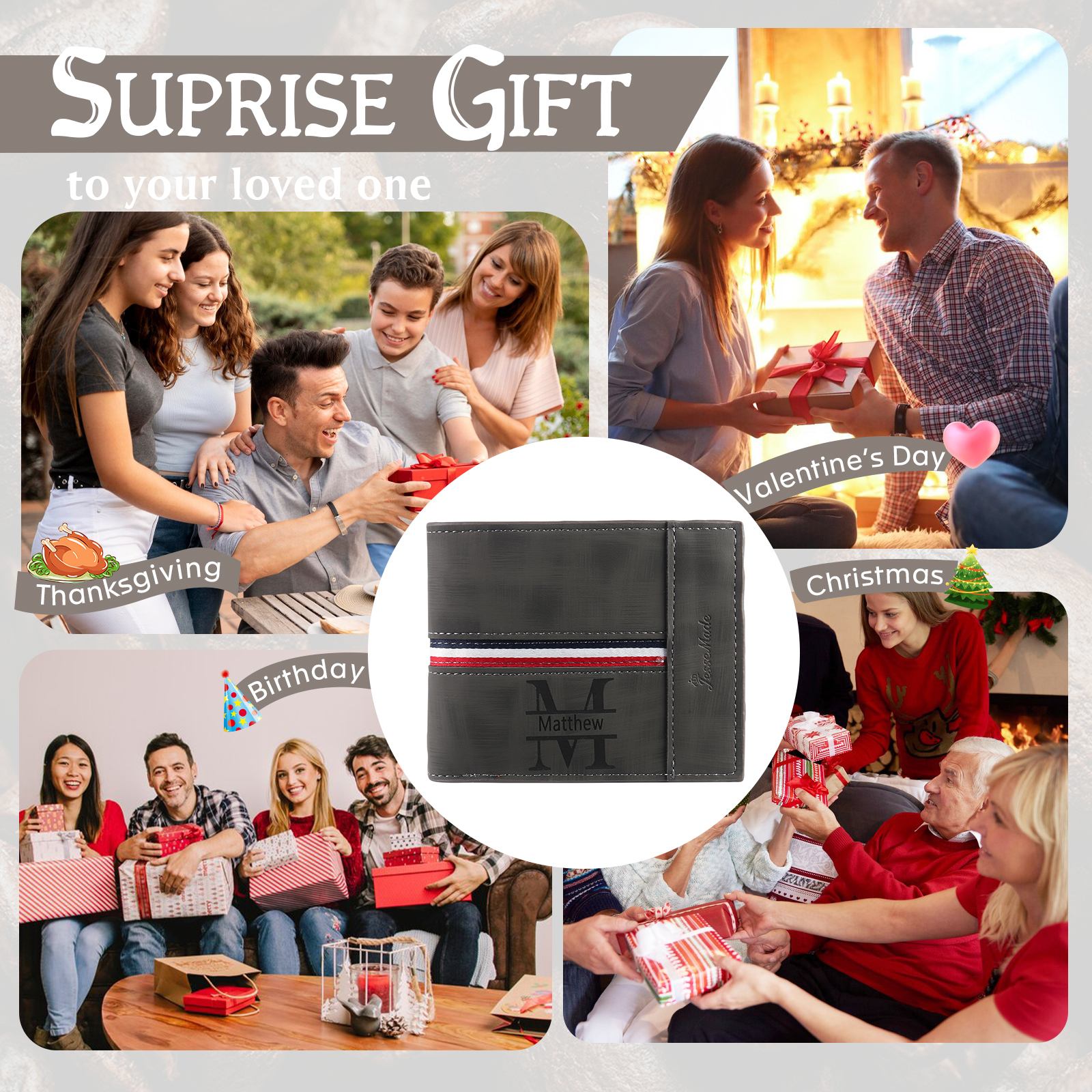 Personalised Men Wallet Customised Photo & Name & Letter Monogram Billfold Leather Wallet Gift for Him