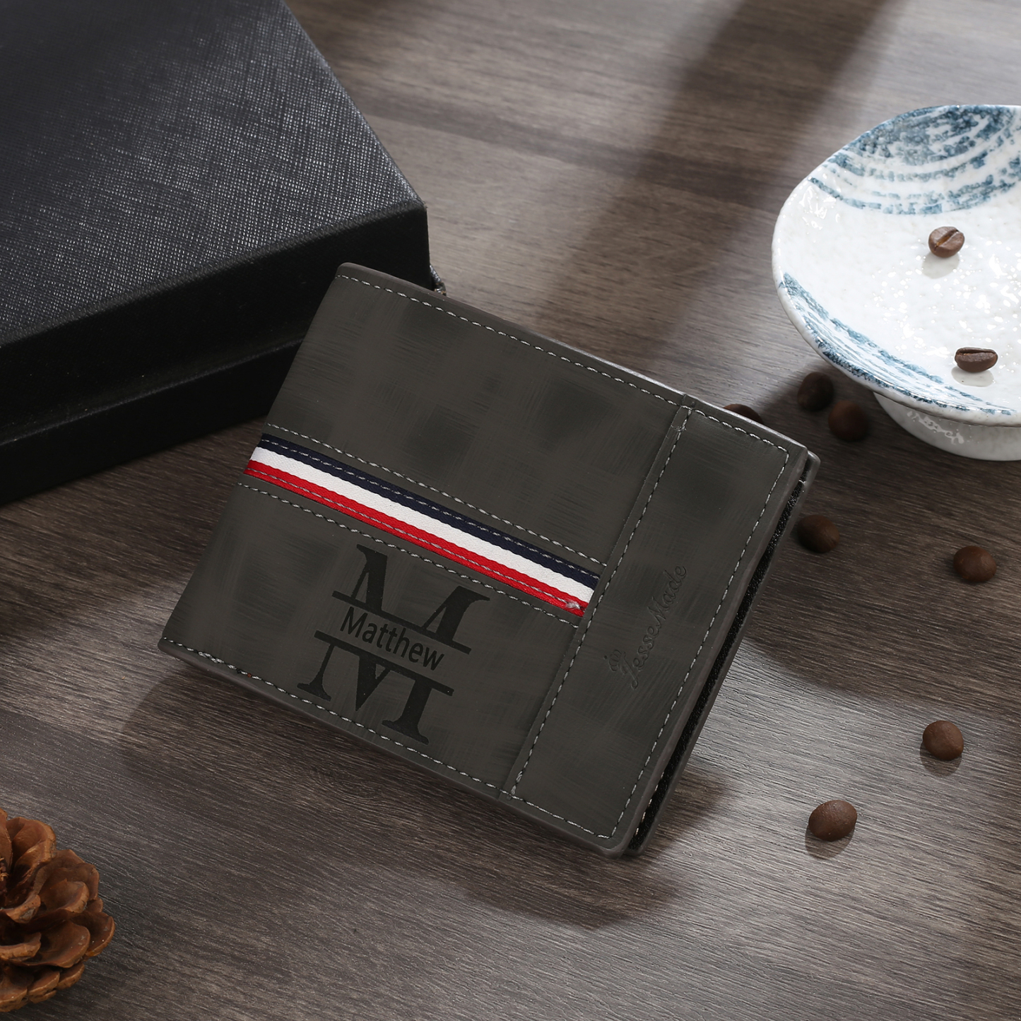 Personalised Men Wallet Customised Photo & Name & Letter Monogram Billfold Leather Wallet Gift for Him