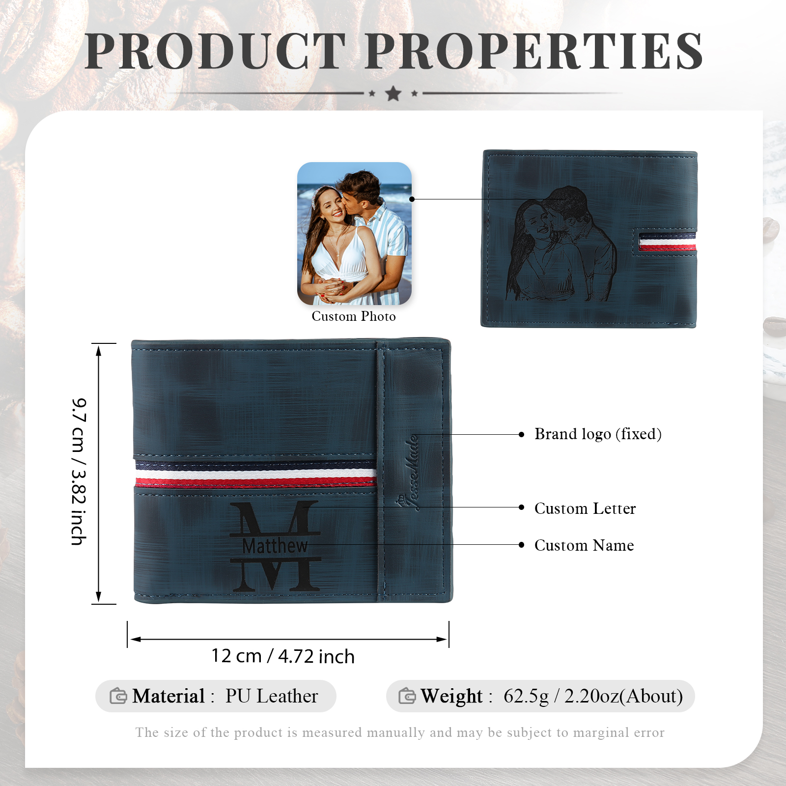 Personalised Men Wallet Customised Photo & Name & Letter Monogram Billfold Leather Wallet Gift for Him