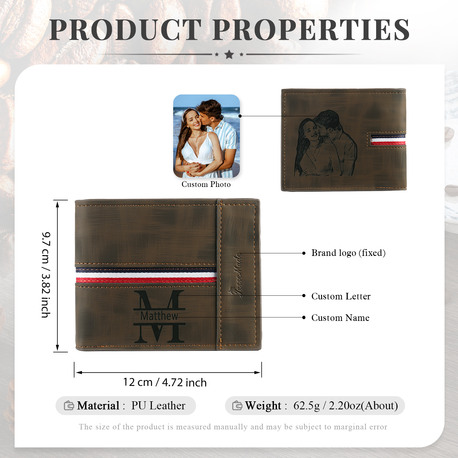 Personalised Men Wallet Customised Photo & Name & Letter Monogram Billfold Leather Wallet Gift for Him