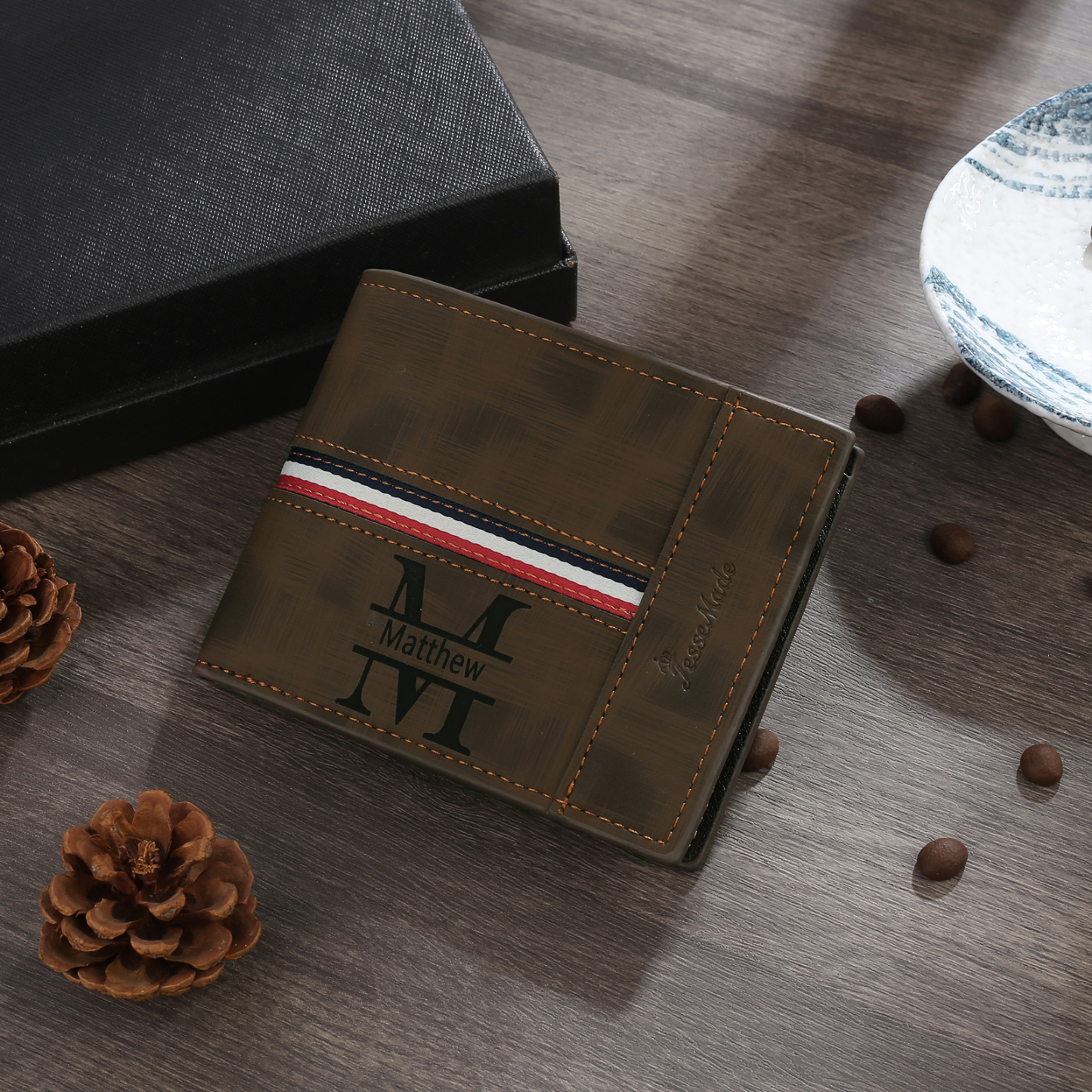 Personalised Men Wallet Customised Photo & Name & Letter Monogram Billfold Leather Wallet Gift for Him