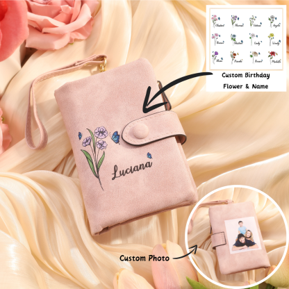 Personalised Women's Leather Wallet Custom Birthday Flower & Name & Photo Wallet Gift for Her