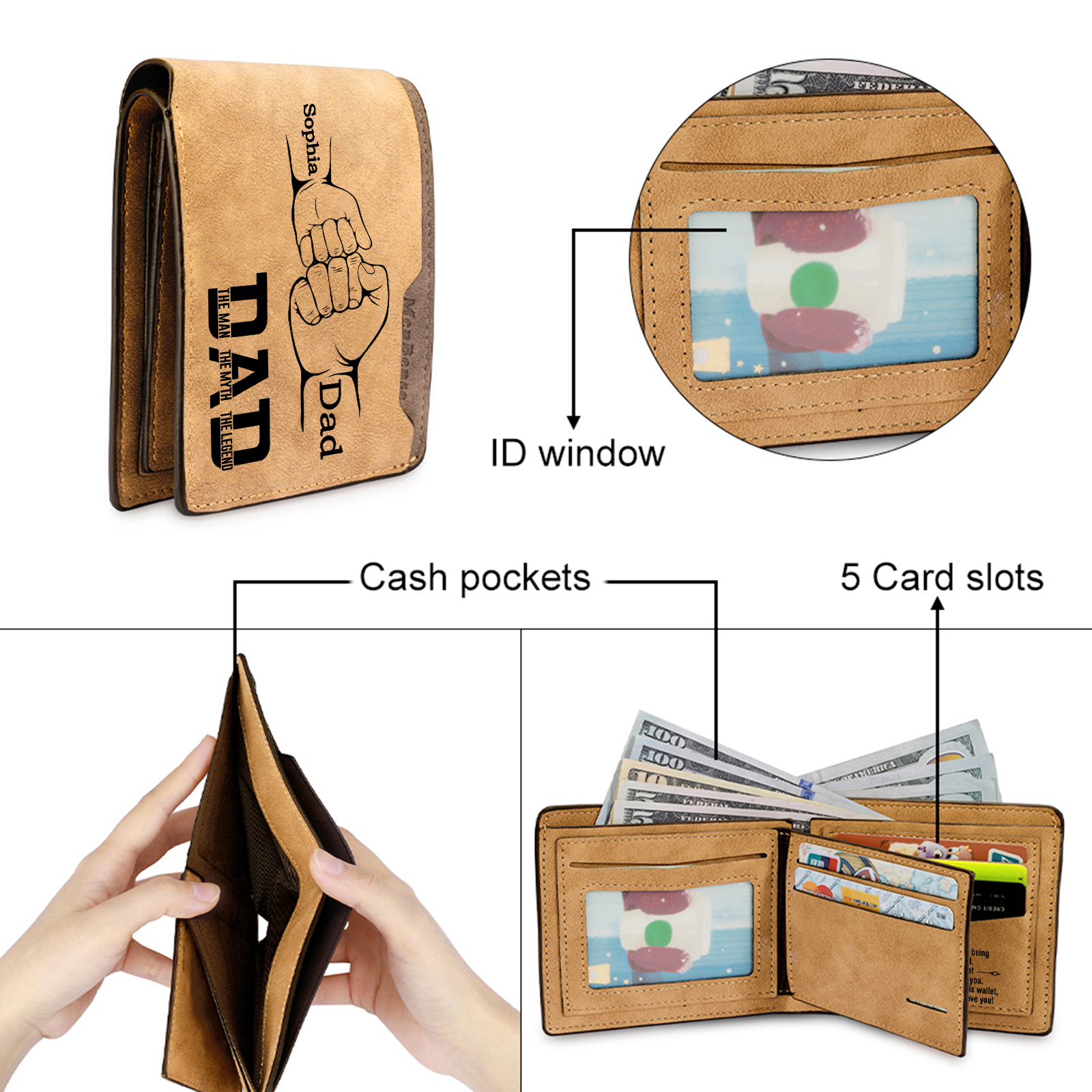 [Copy]1-6 Names Personalised Wallet with Kids’ Name and Photo – Gift for Dad/Grandpa | Jessemade