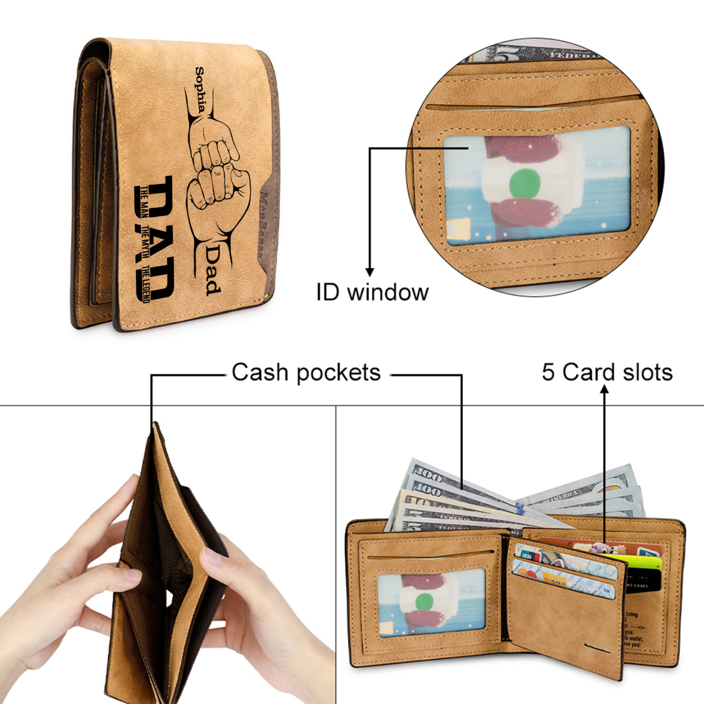 [Copy]1-6 Names Personalised Wallet with Kids’ Name and Photo – Gift for Dad/Grandpa | Jessemade