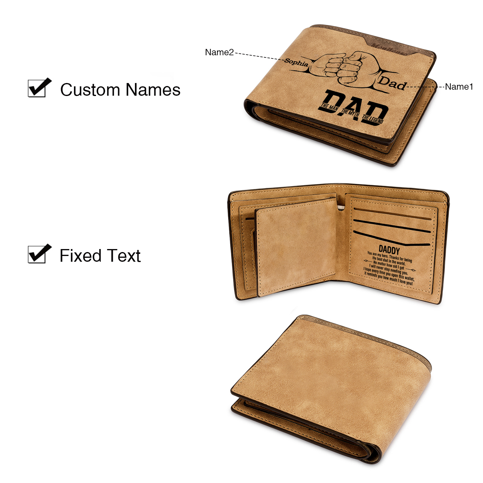 [Copy]1-6 Names Personalised Wallet with Kids’ Name and Photo – Gift for Dad/Grandpa | Jessemade