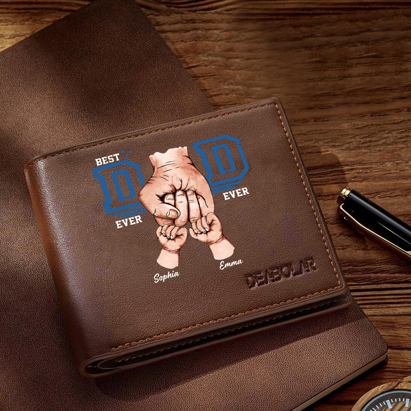 Custom Engraved Dad Wallet – 2 Names & 1 Photo Personalised Leather Wallet for Father's Day | Jessemade