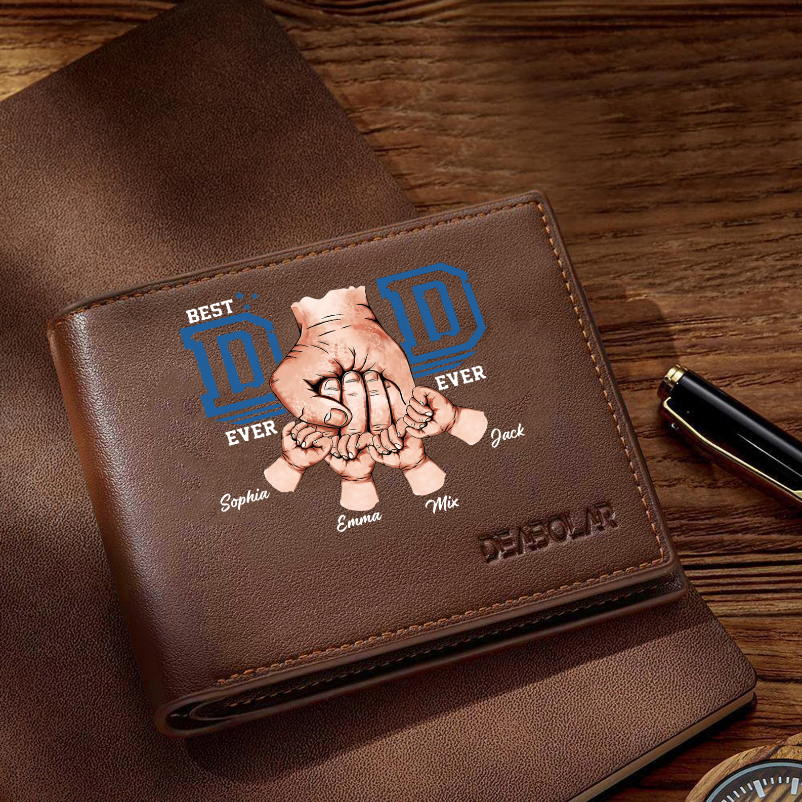 Custom Engraved Dad Wallet – 4 Names & 1 Photo Personalised Leather Wallet for Father's Day | Jessemade