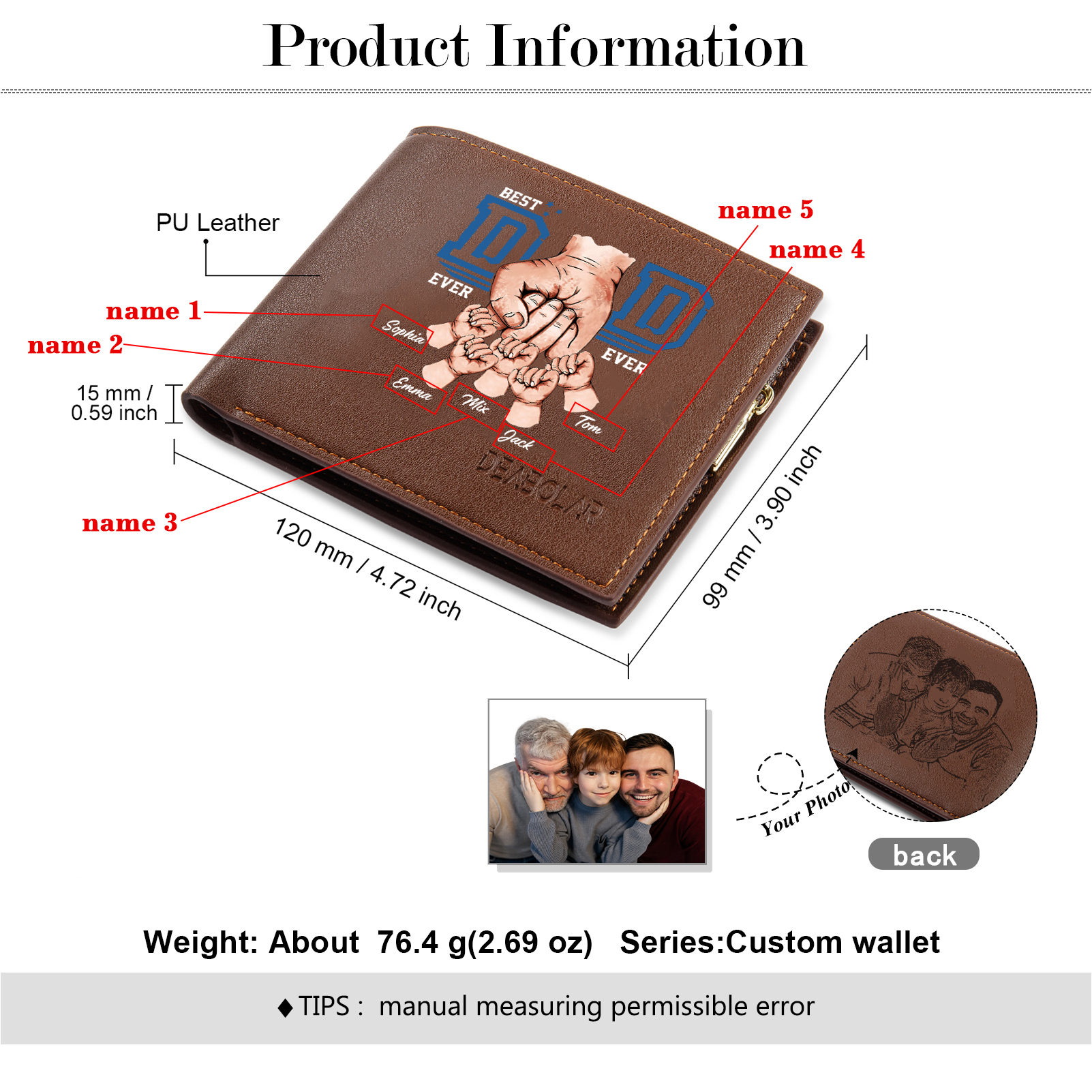 Custom Engraved Dad Wallet – 5 Names & 1 Photo Personalised Leather Wallet for Father's Day | Jessemade