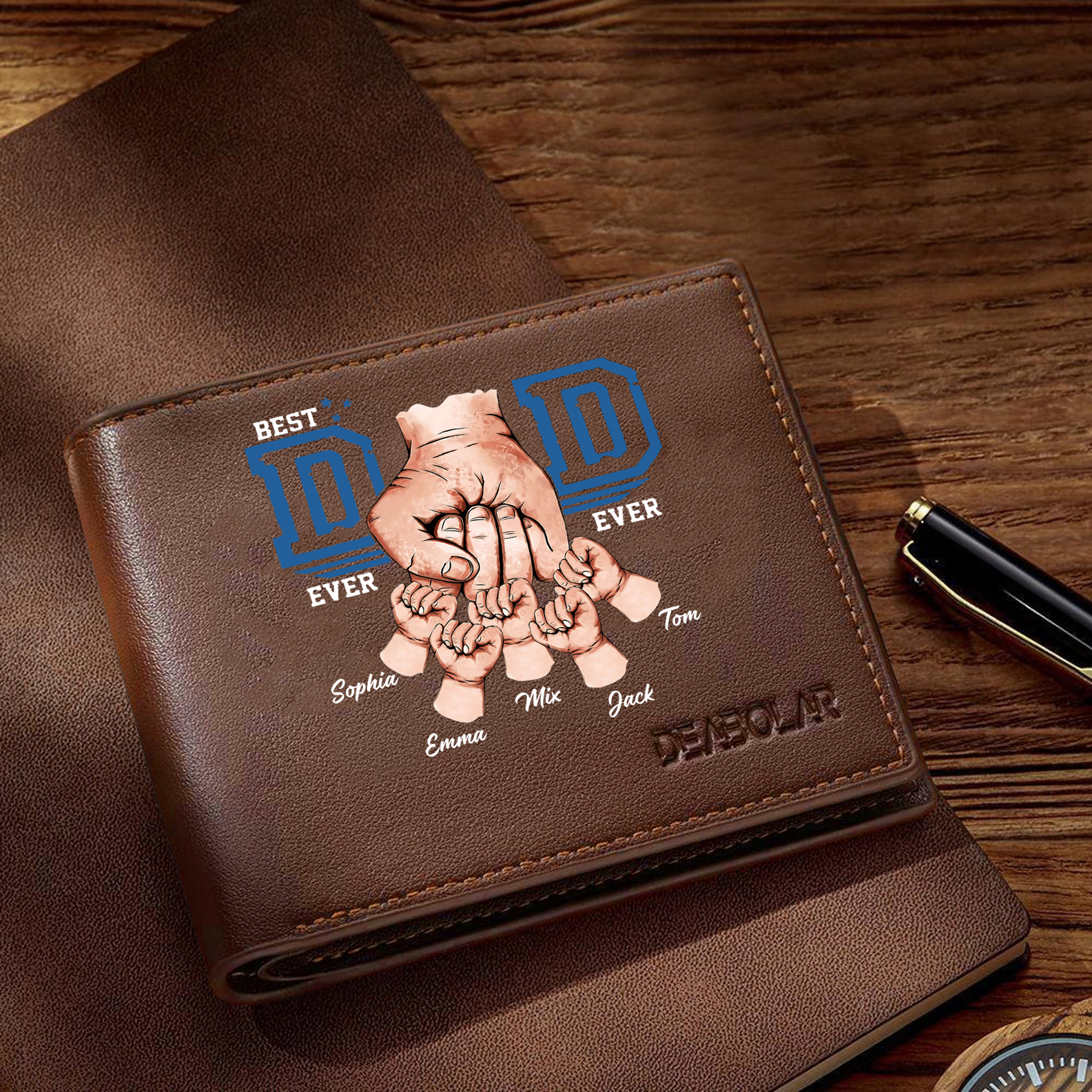 Custom Engraved Dad Wallet – 5 Names & 1 Photo Personalised Leather Wallet for Father's Day | Jessemade