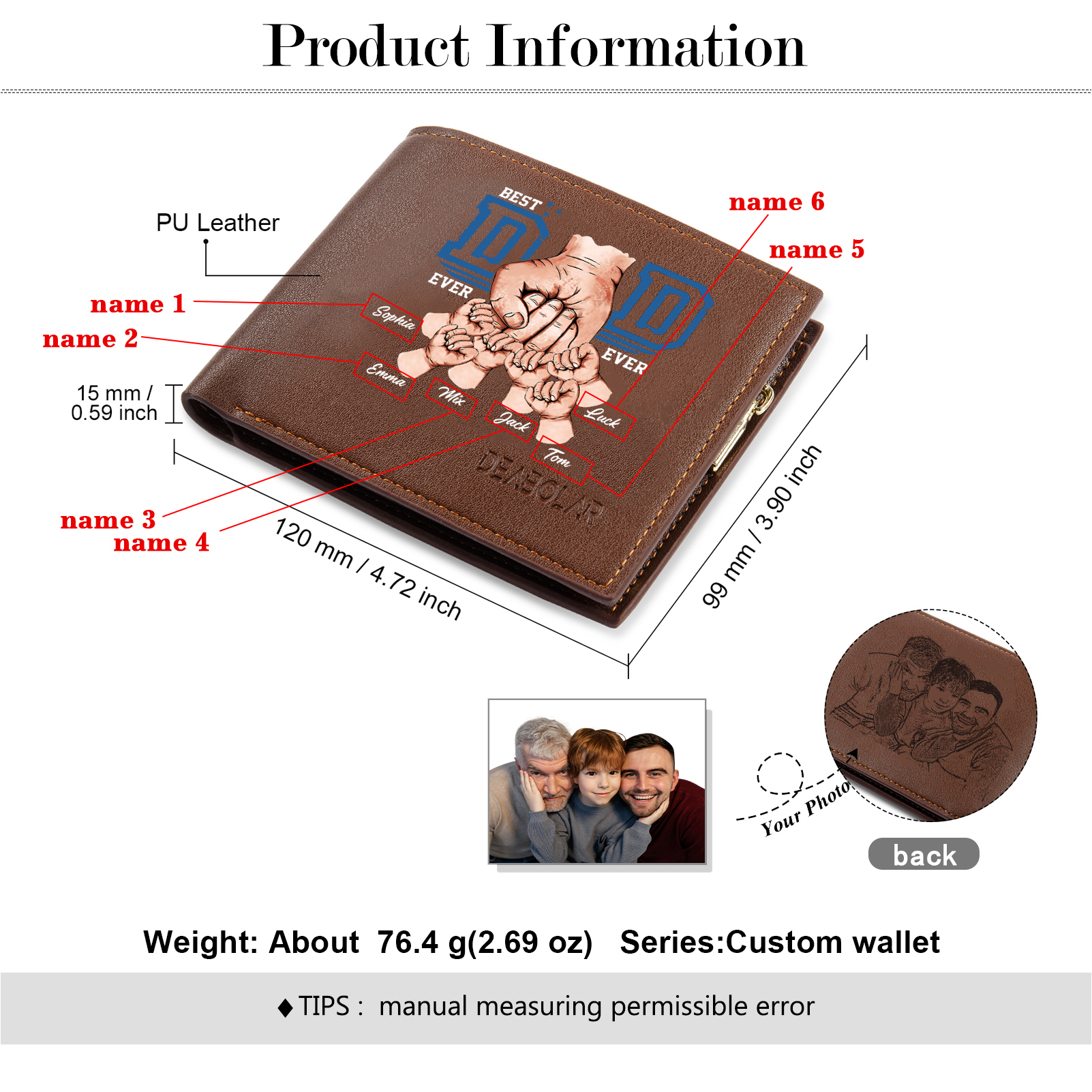 Custom Engraved Dad Wallet – 6 Names & 1 Photo Personalised Leather Wallet for Father's Day | Jessemade