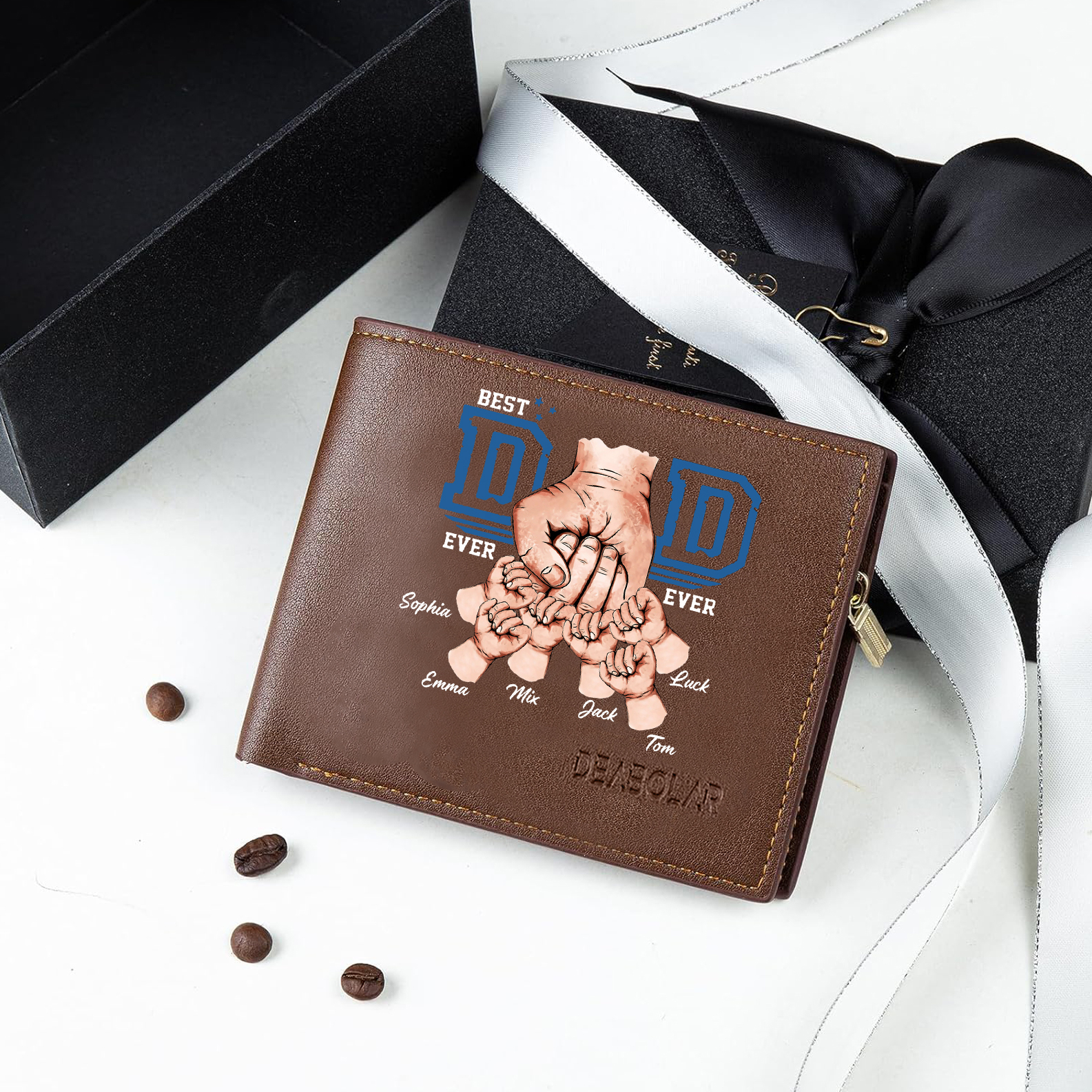 Custom Engraved Dad Wallet – 6 Names & 1 Photo Personalised Leather Wallet for Father's Day | Jessemade