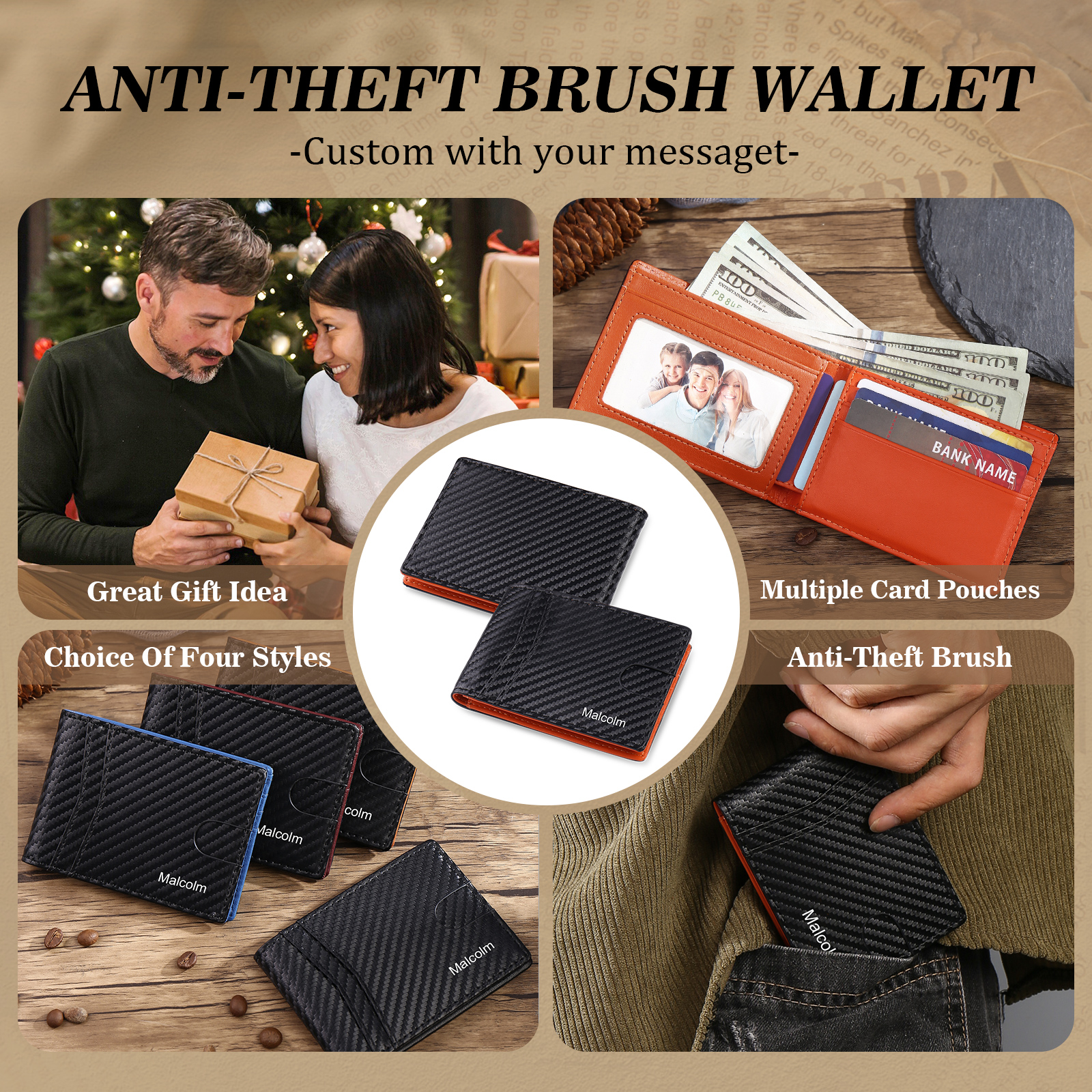 Personalised 1 Name Billfold Wallet with Anti-Theft Swipe Custom Leather Wallet Black Gifts for Men-Jessemade AU