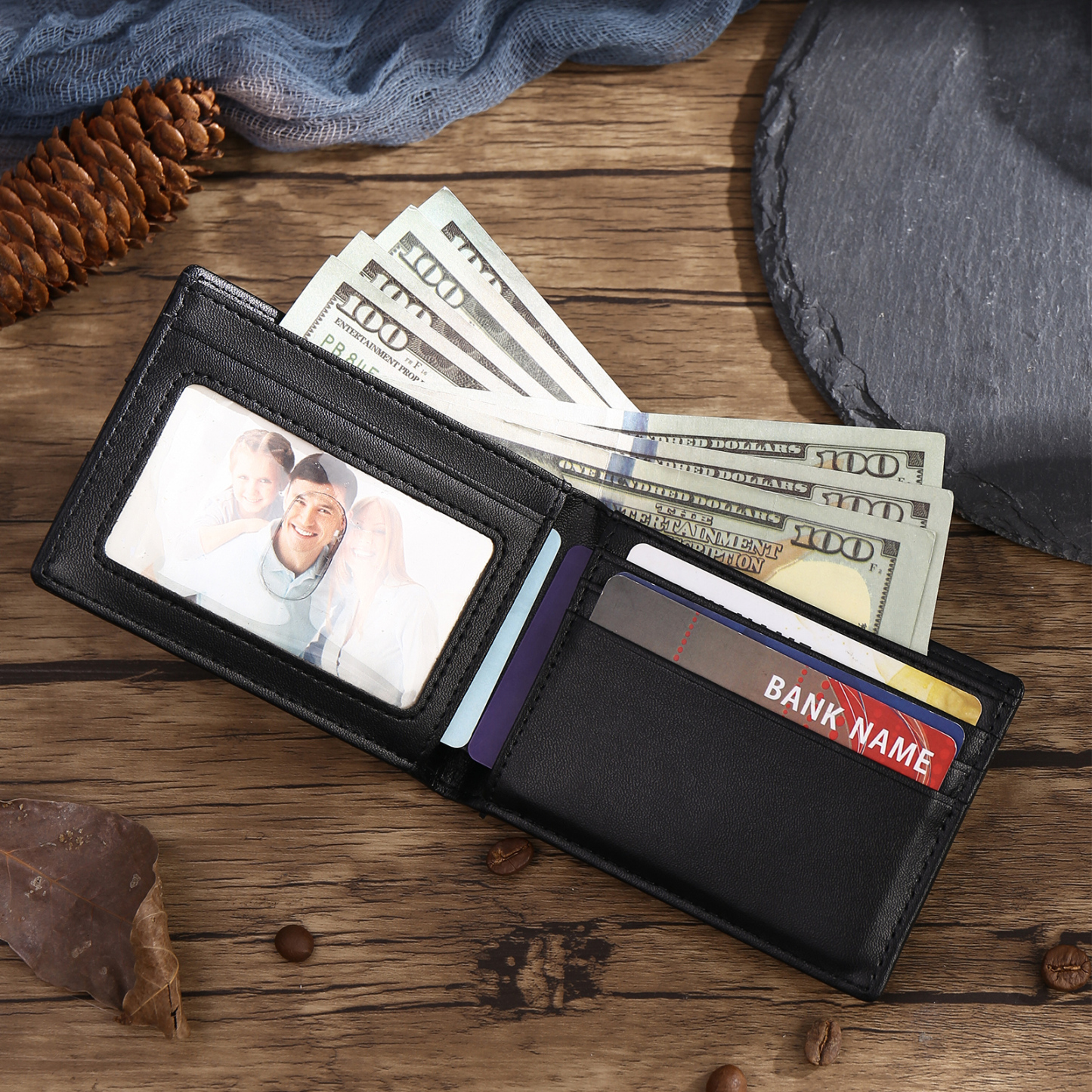 Personalised 1 Name Billfold Wallet with Anti-Theft Swipe Custom Leather Wallet Black Gifts for Men-Jessemade AU