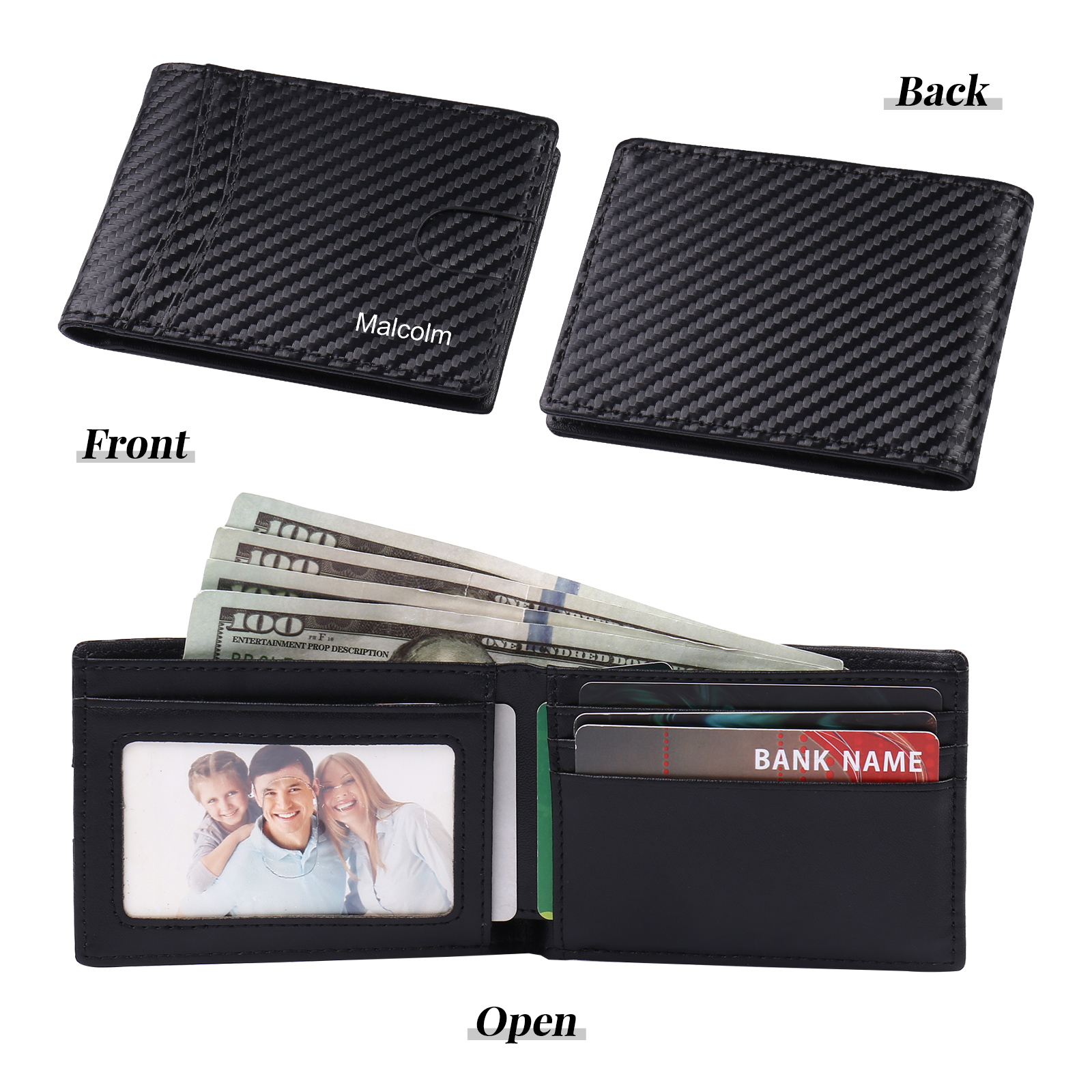 Personalised 1 Name Billfold Wallet with Anti-Theft Swipe Custom Leather Wallet Black Gifts for Men-Jessemade AU