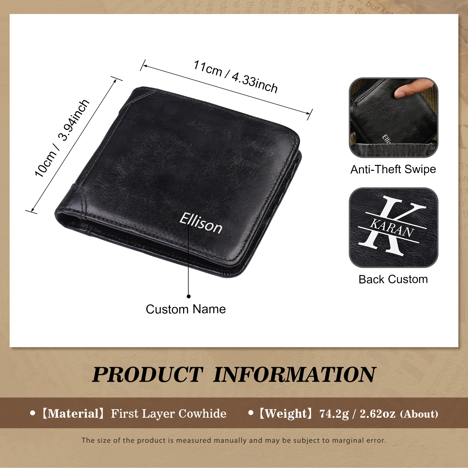 Personalised Name Trifold Wallet Custom Monogram Leather Wallet with Anti-Theft Swipe Gifts for Men