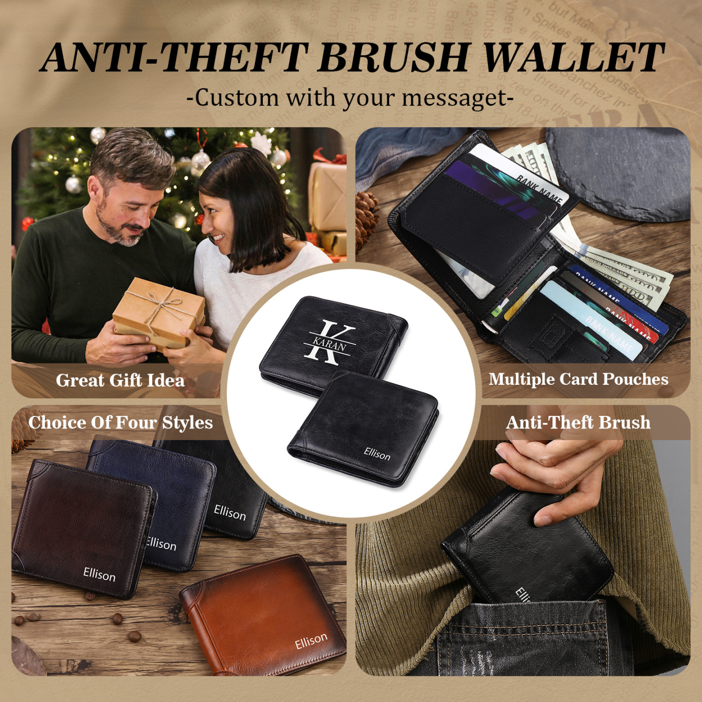 Personalised Name Trifold Wallet Custom Monogram Leather Wallet with Anti-Theft Swipe Gifts for Men-Jessemade AU