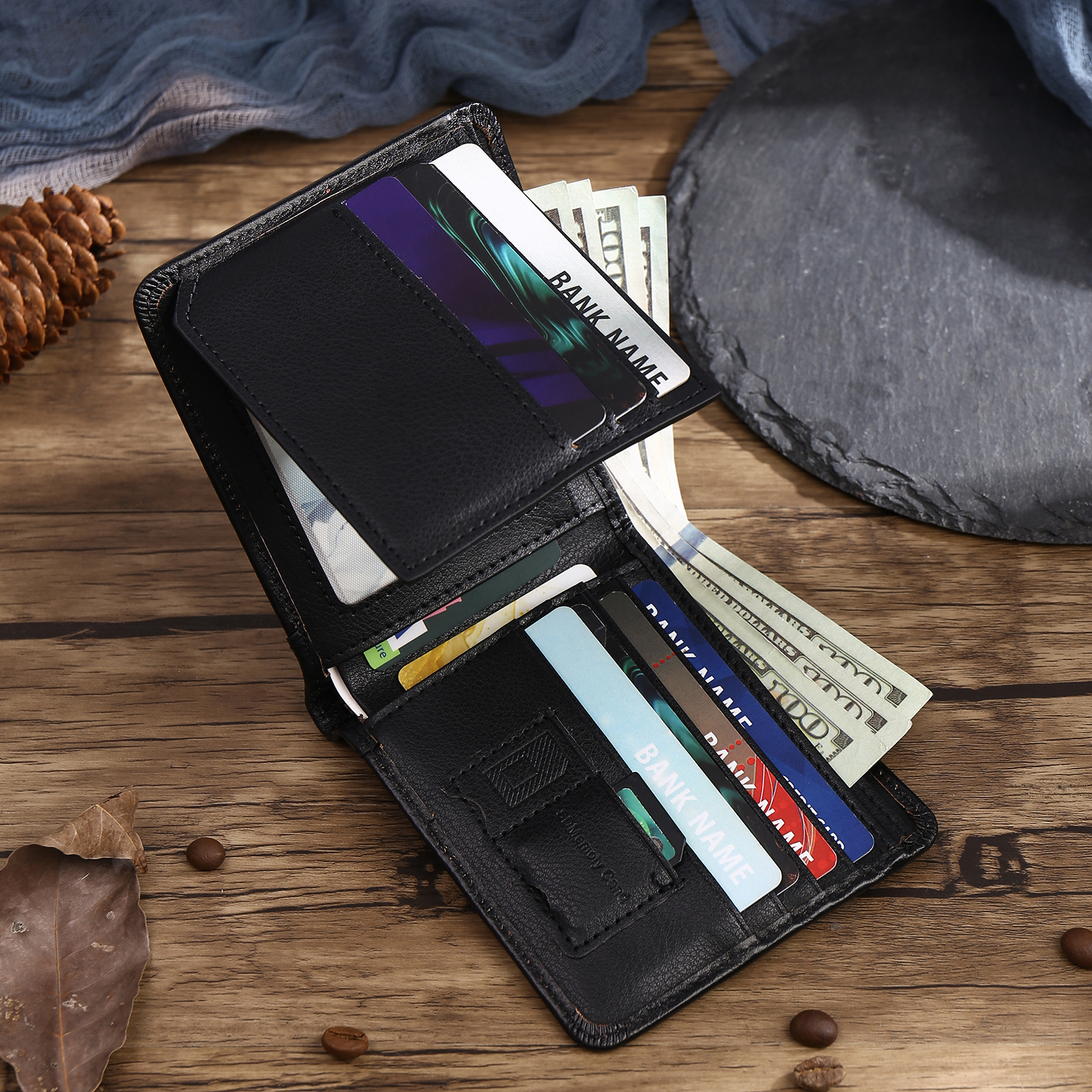 Personalised Name Trifold Wallet Custom Monogram Leather Wallet with Anti-Theft Swipe Gifts for Men