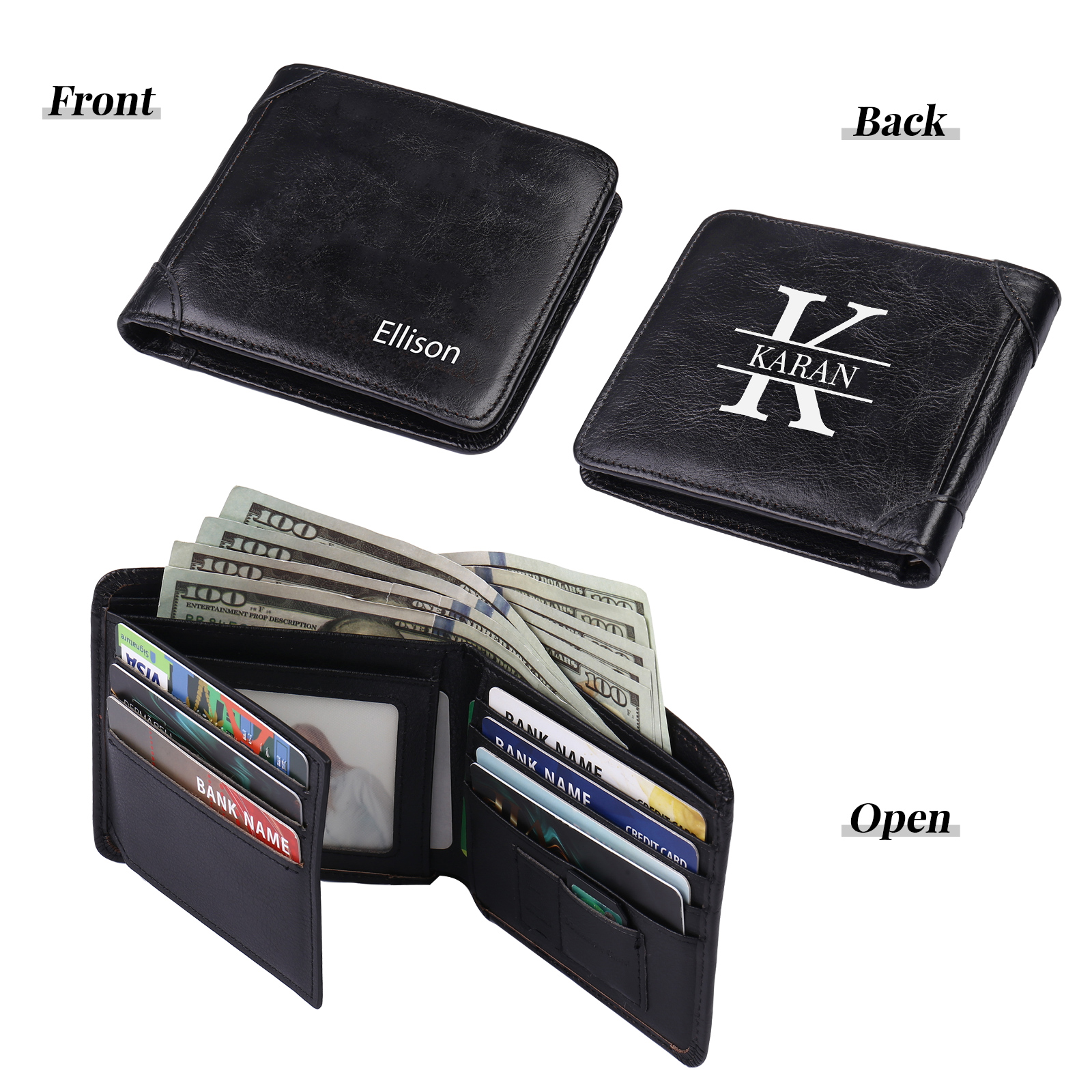 Personalised Name Trifold Wallet Custom Monogram Leather Wallet with Anti-Theft Swipe Gifts for Men