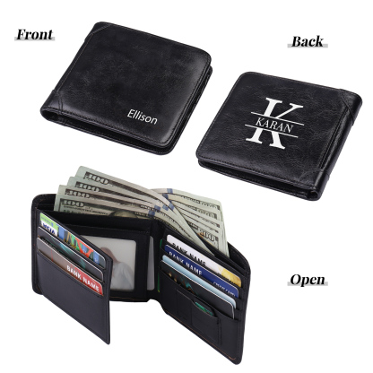 Personalised Name Trifold Wallet Custom Monogram Leather Wallet with Anti-Theft Swipe Gifts for Men