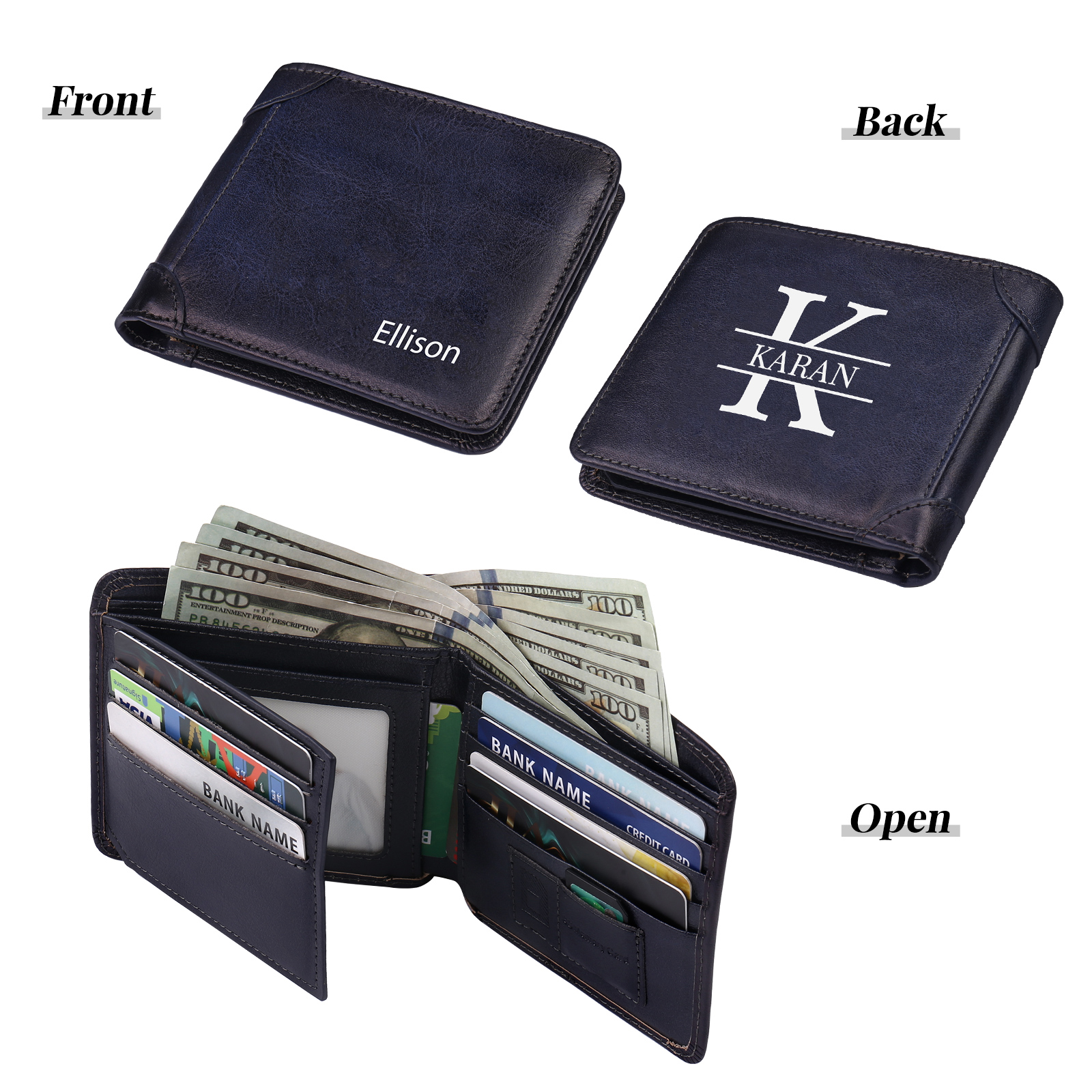 Personalised Name Trifold Wallet Custom Monogram Leather Wallet with Anti-Theft Swipe Gifts for Men