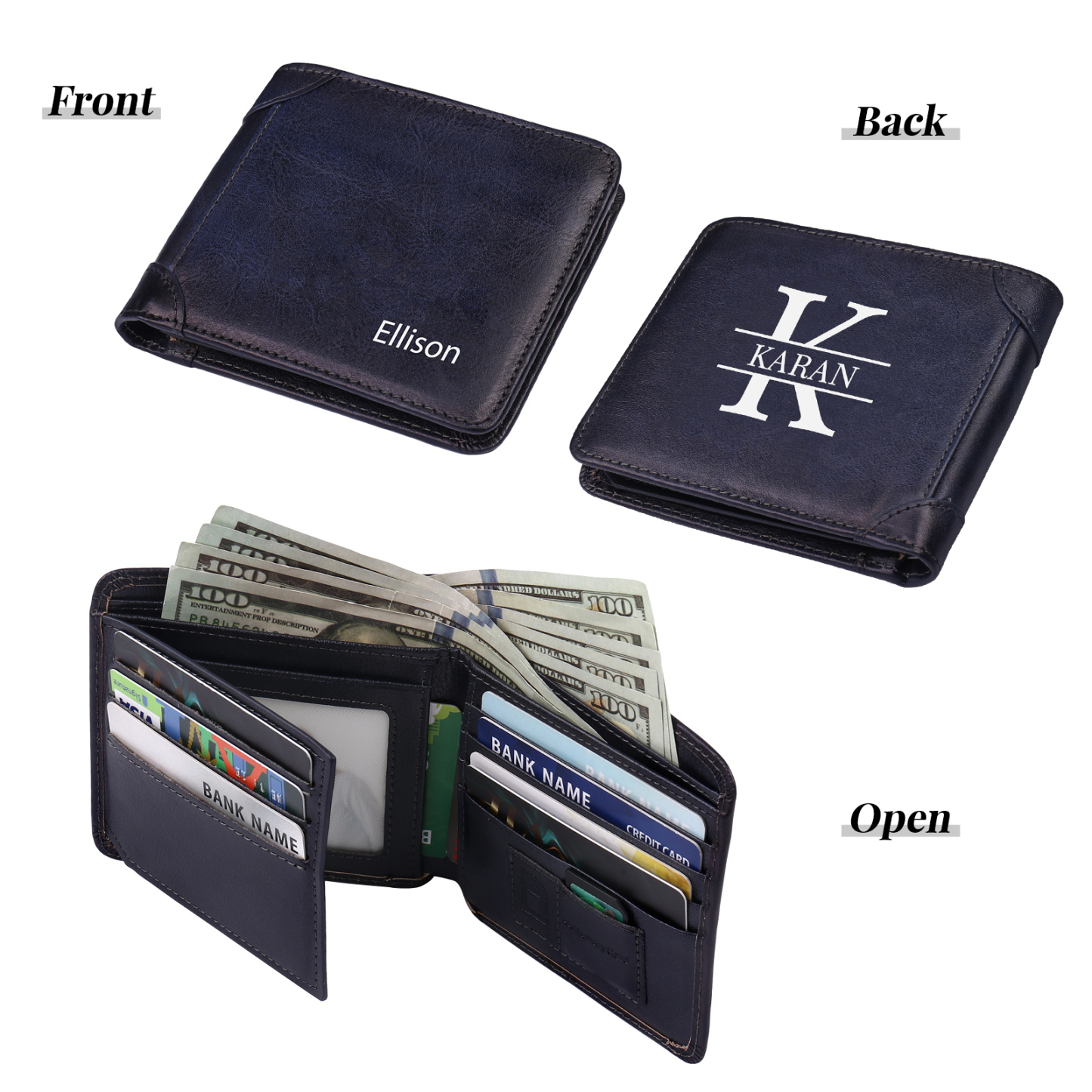 Personalised Name Trifold Wallet Custom Monogram Leather Wallet with Anti-Theft Swipe Gifts for Men