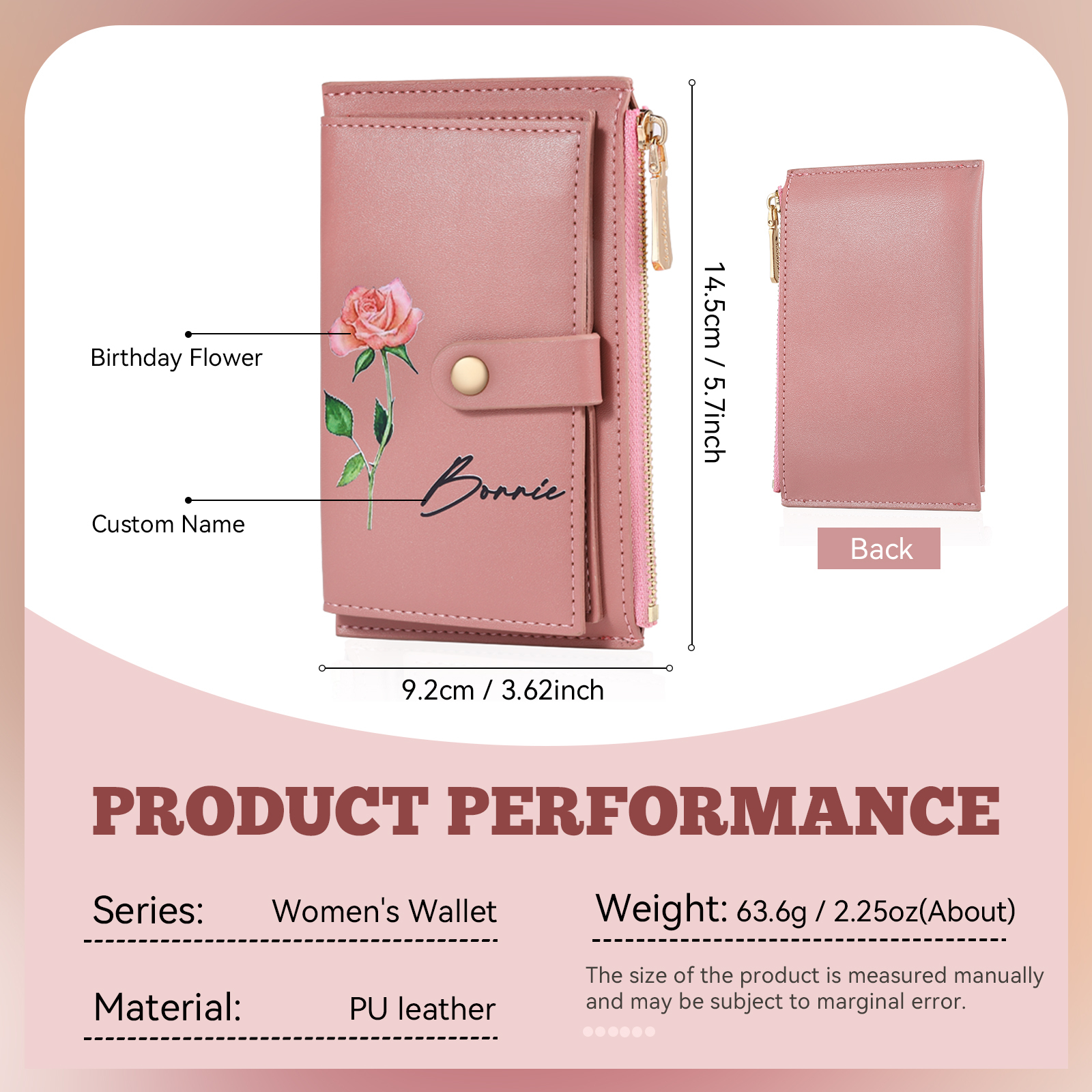 Personalised Women's Leather Wallet Custom Birthday Flower & Name Zipper Wallet Gift for Her-Jessemade AU