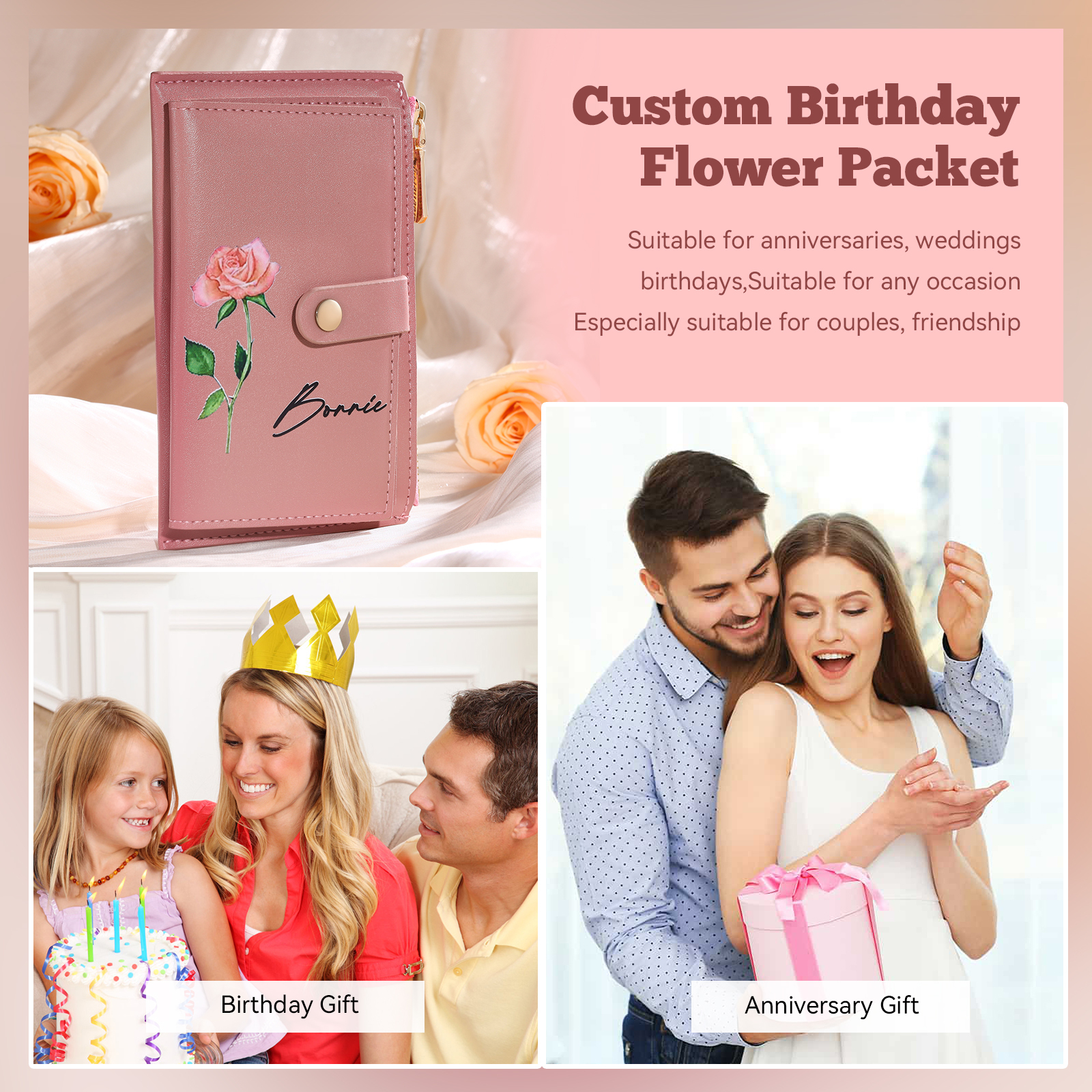 Personalised Women's Leather Wallet Custom Birthday Flower & Name Zipper Wallet Gift for Her-Jessemade AU